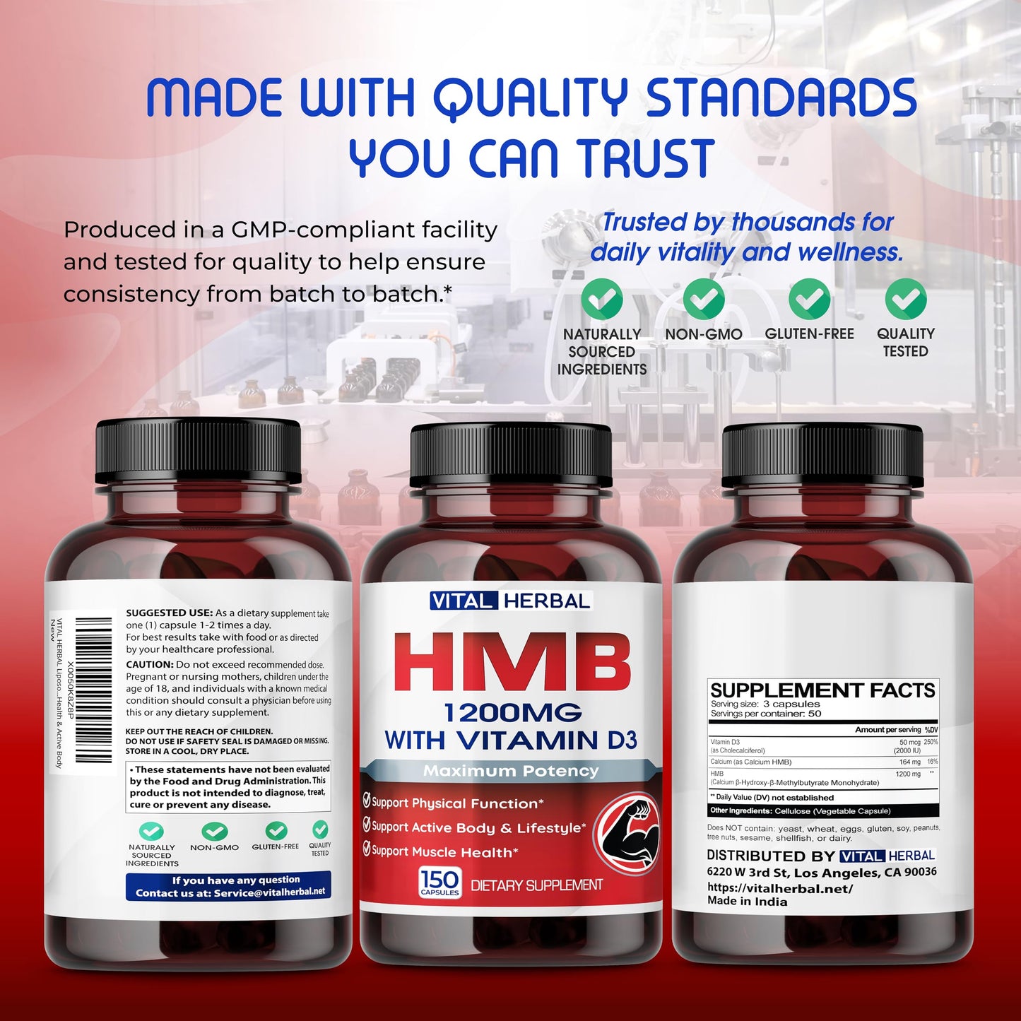 VITAL HERBAL Liposomal HMB with Vitamin D3 – Maximum Potency – Supports Muscle Health & Active Body 150 Capsules