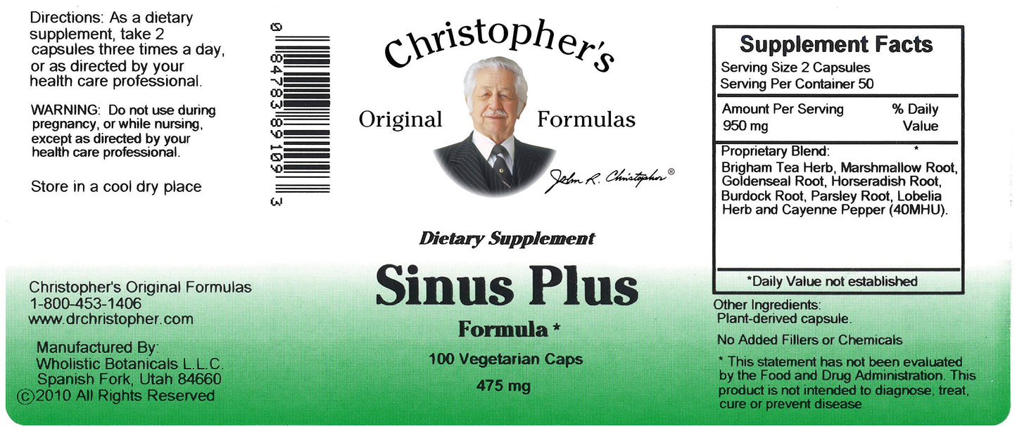 Christopher's Original Formulas Sinus Plus Sinus Support, Whole Herb Synergistic Blend, 100 Capsules