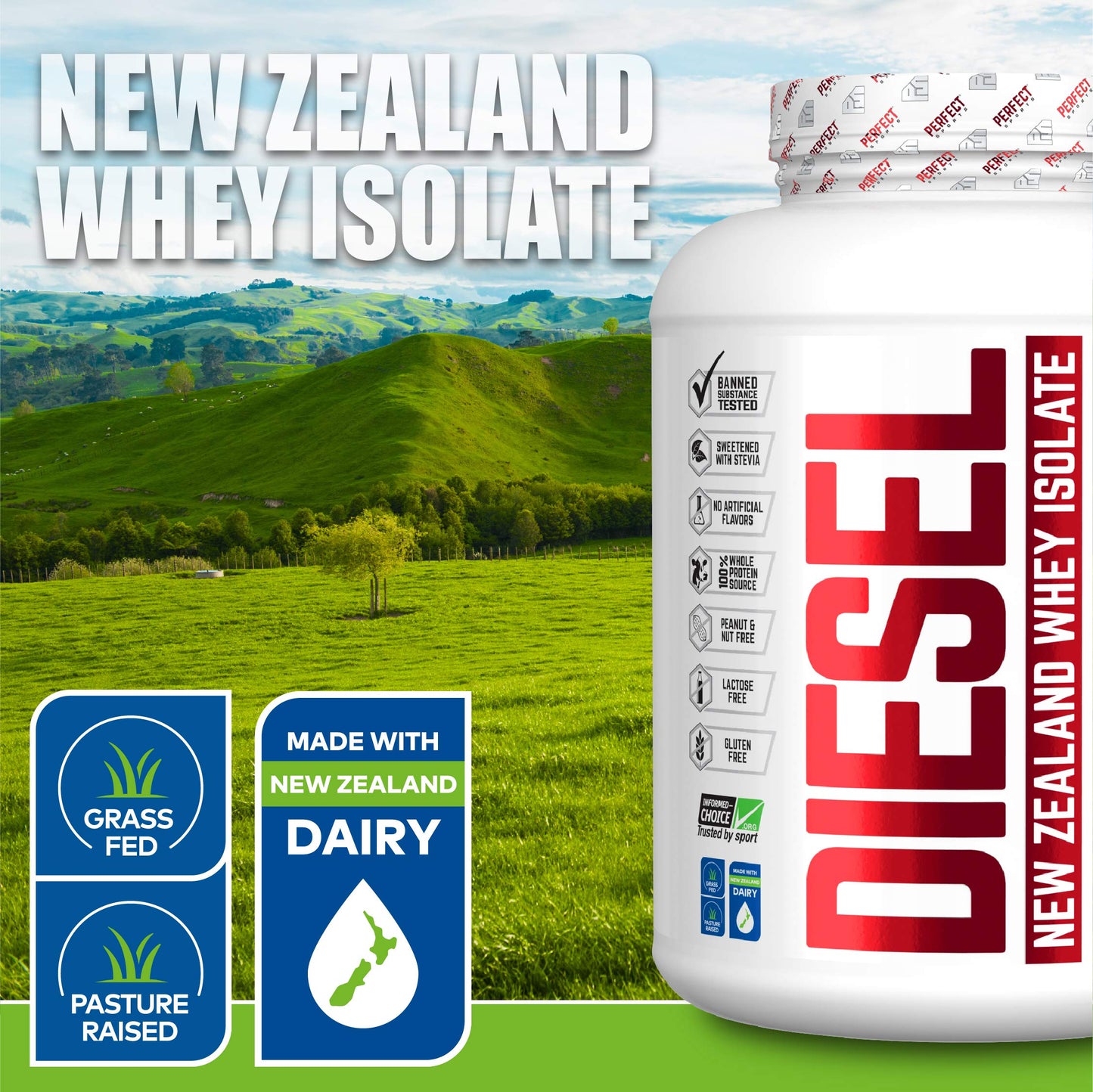PERFECT SPORTS Diesel 100% New Zealand Whey Isolate Protein Powder Banana, 16 Servings