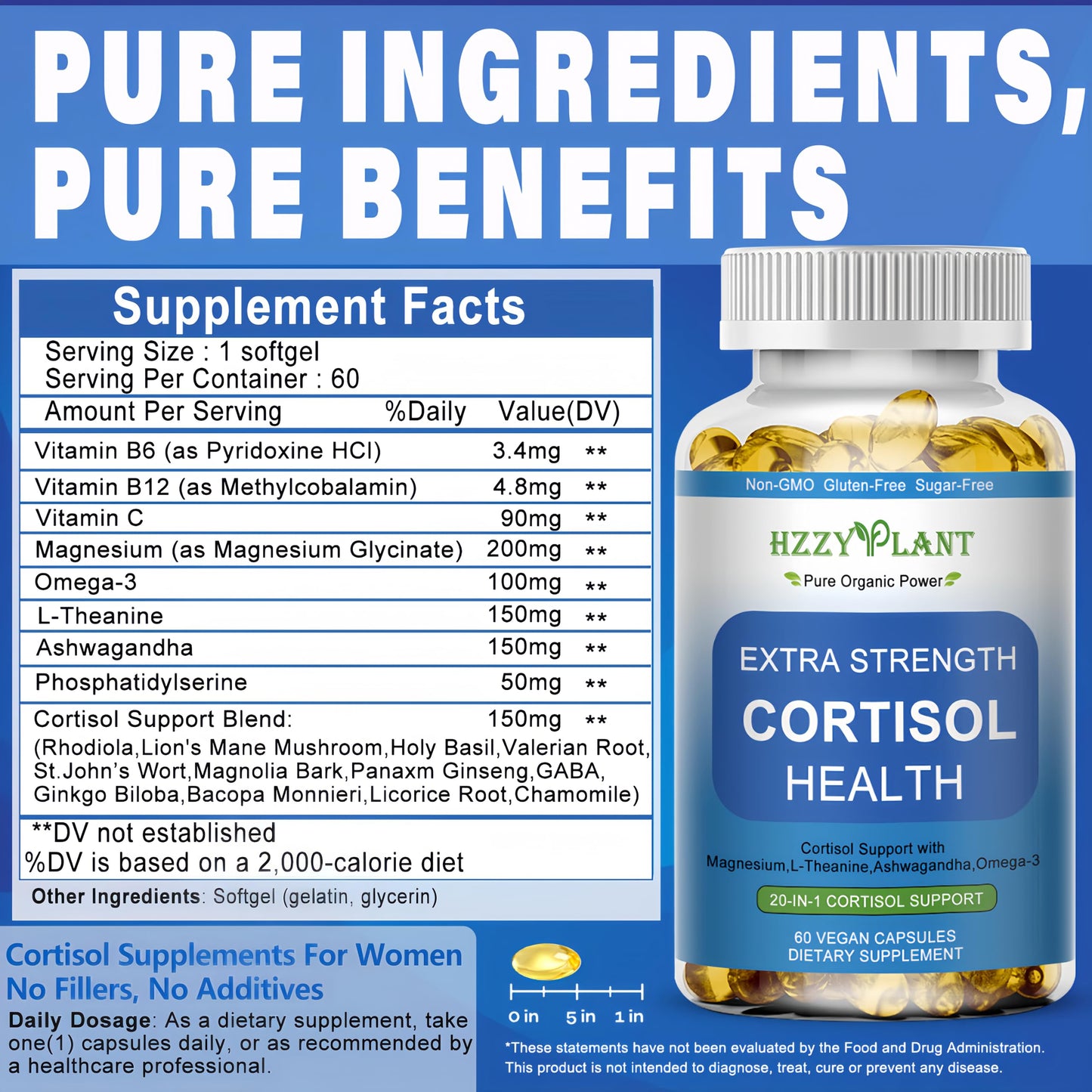 HZZYPLANT Cortisol Support Softgels with Phosphatidylserine, Magnesium, Ashwagandha, L-Theanine, 60 Softgels