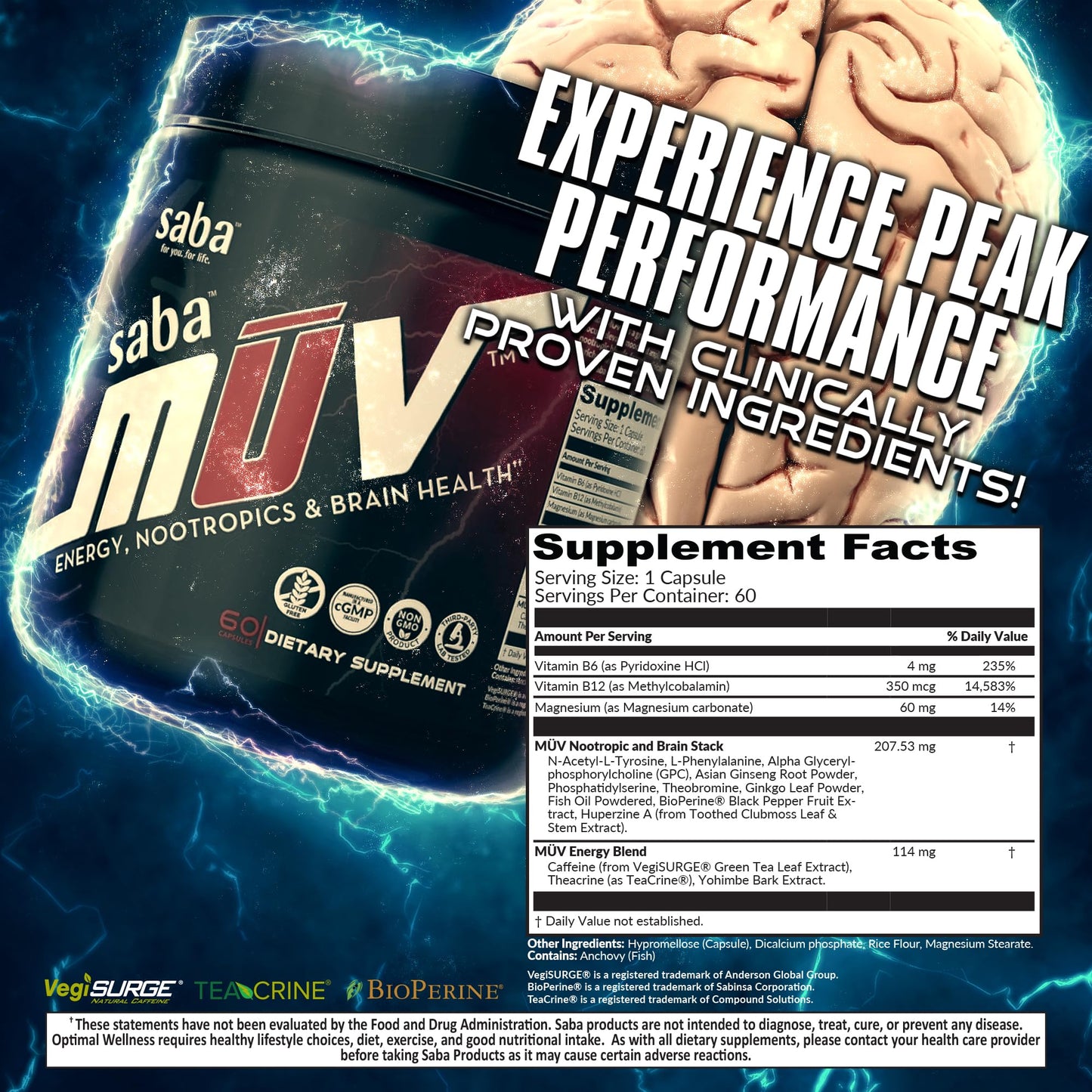 Saba MUV Nootropic Brain Supplement for Memory, Focus & Energy 60 Capsules