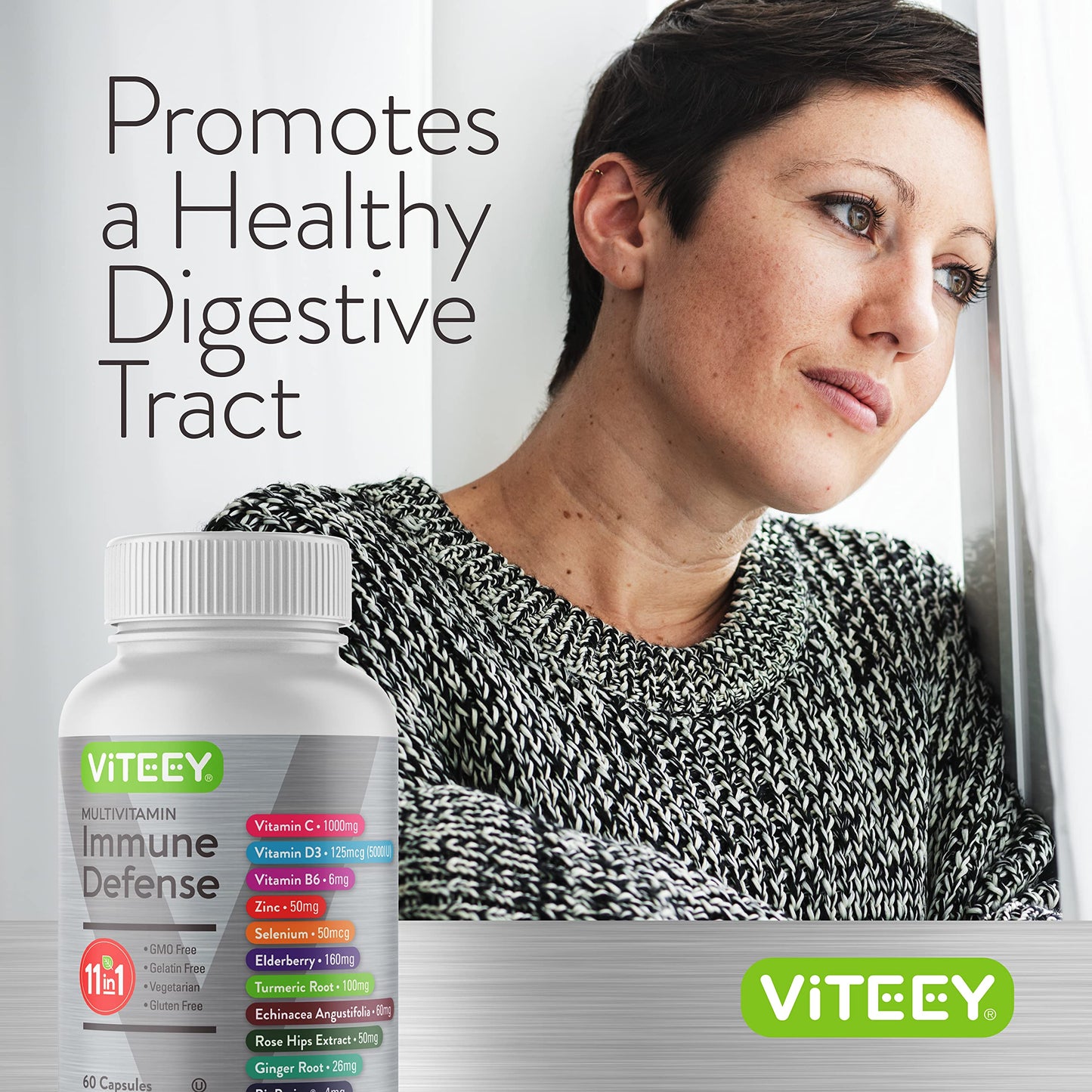 Viteey 11 in 1 Immune Support Supplement - Immune Defense with Vitamin D3, B6, Echinacea, Turmeric, Rose-HIPS, Selenium, BioPerine, Ginger, Elderberry Vitamin C and Zinc Capsules, 120