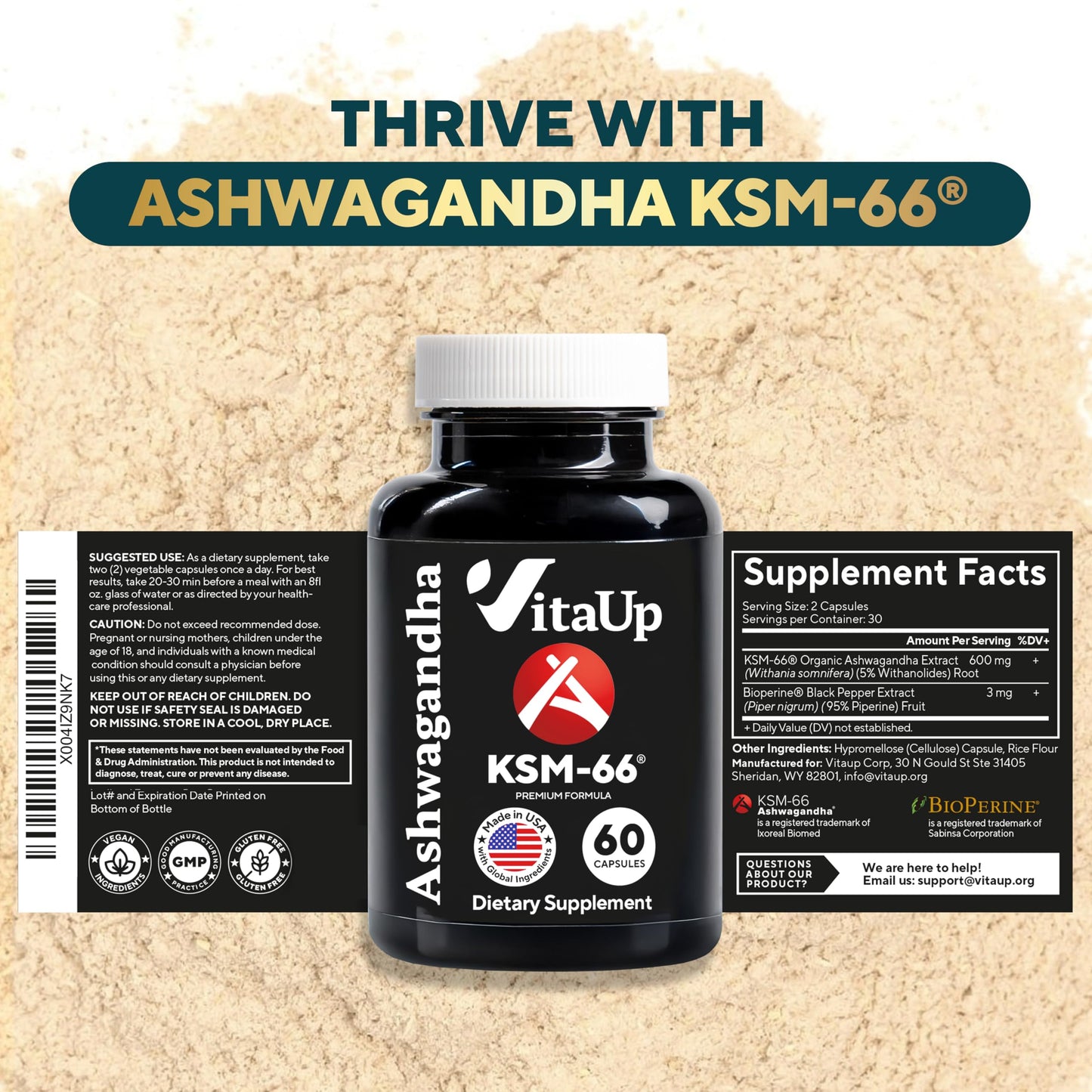 VitaUp Ashwagandha KSM-66 with Black Pepper Capsule 60 Count