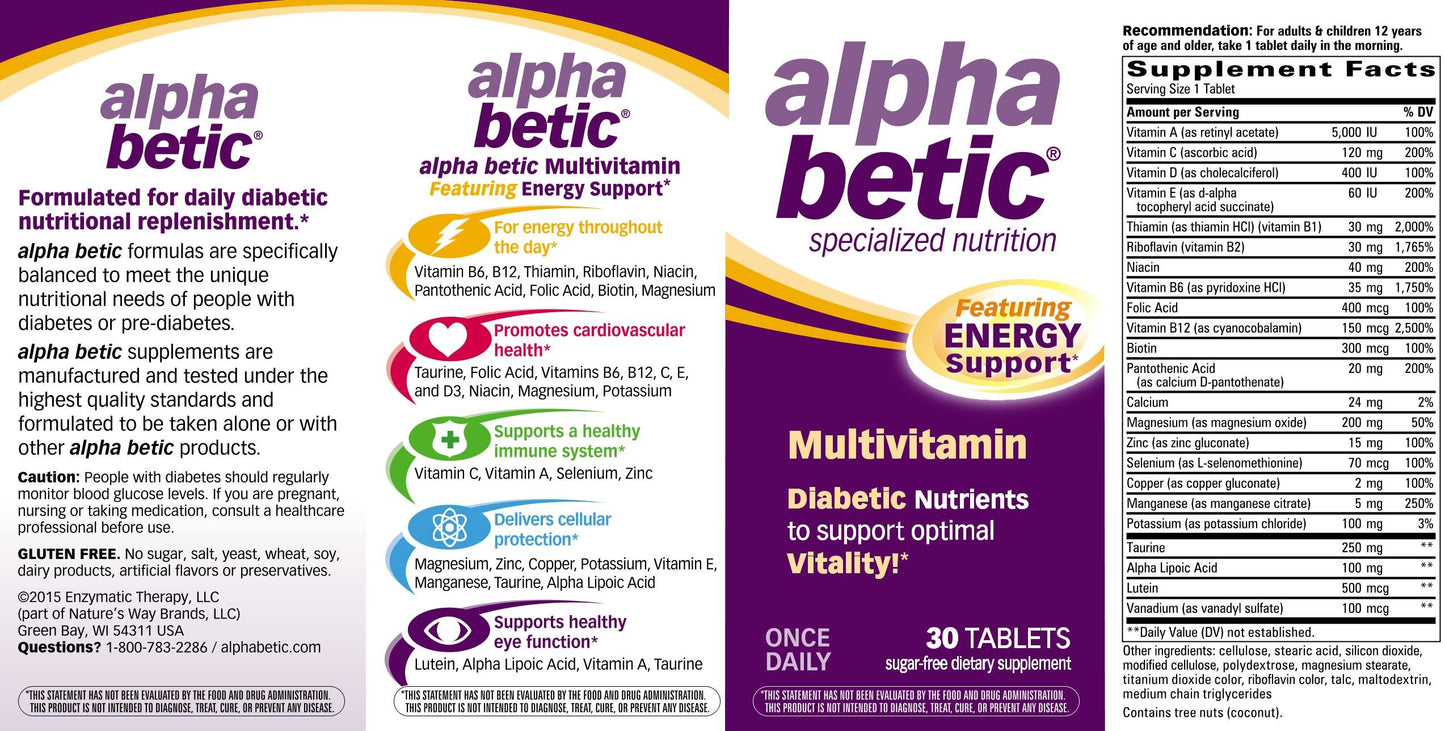 Enzymatic Therapy Alpha Betic Multivitamin Plus Extended Energy 30 Tablets