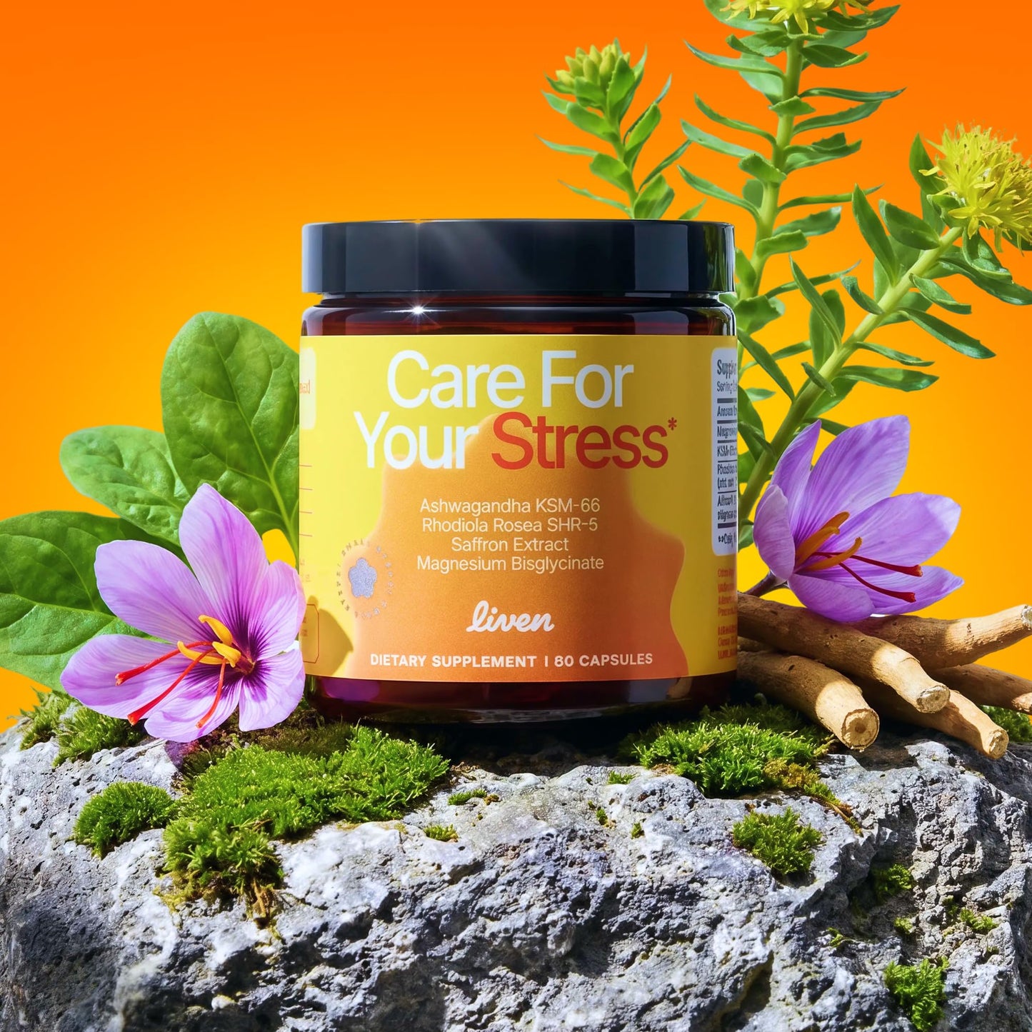 LIVEN SUPPLEMENTS Care for your Stress - KSM-66, Rhodiola Rosea, Magnesium & Saffron Extract – Daily Balance & Focus Support Capsules 60 Count