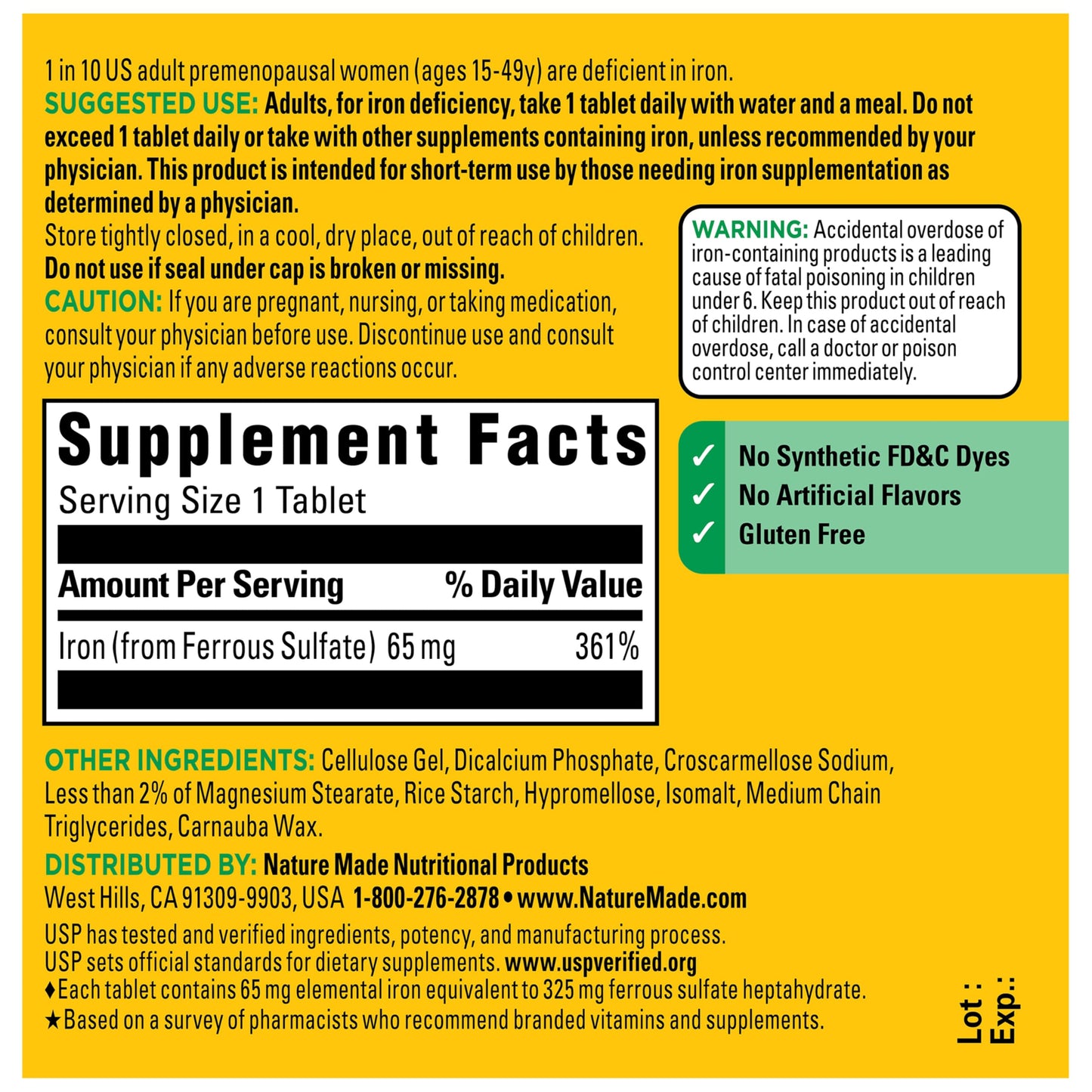 Nature Made Iron 65 mg (325 mg Ferrous Sulfate) Tablets, 180 Tablets