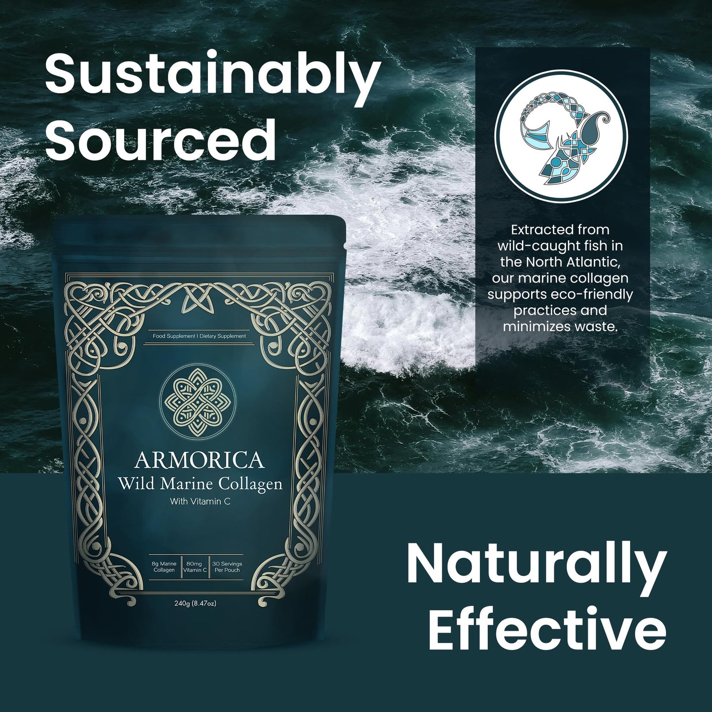 ARMORICA Marine Collagen Powder with Vitamin C – Hydrolyzed for Optimal Absorption, 240g