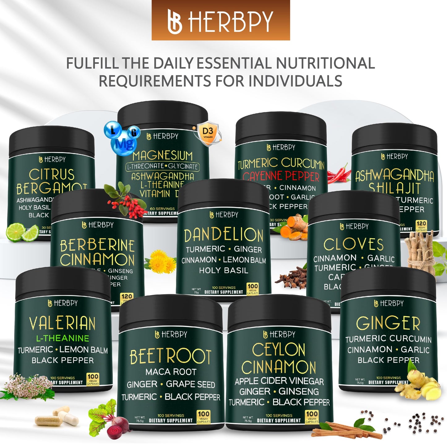 Herbpy 6in1 Premium Ceylon Cinnamon Supplement Plus Apple Cider Vinegar, Turmeric, Ginger, Ginseng Capsules 100 Count