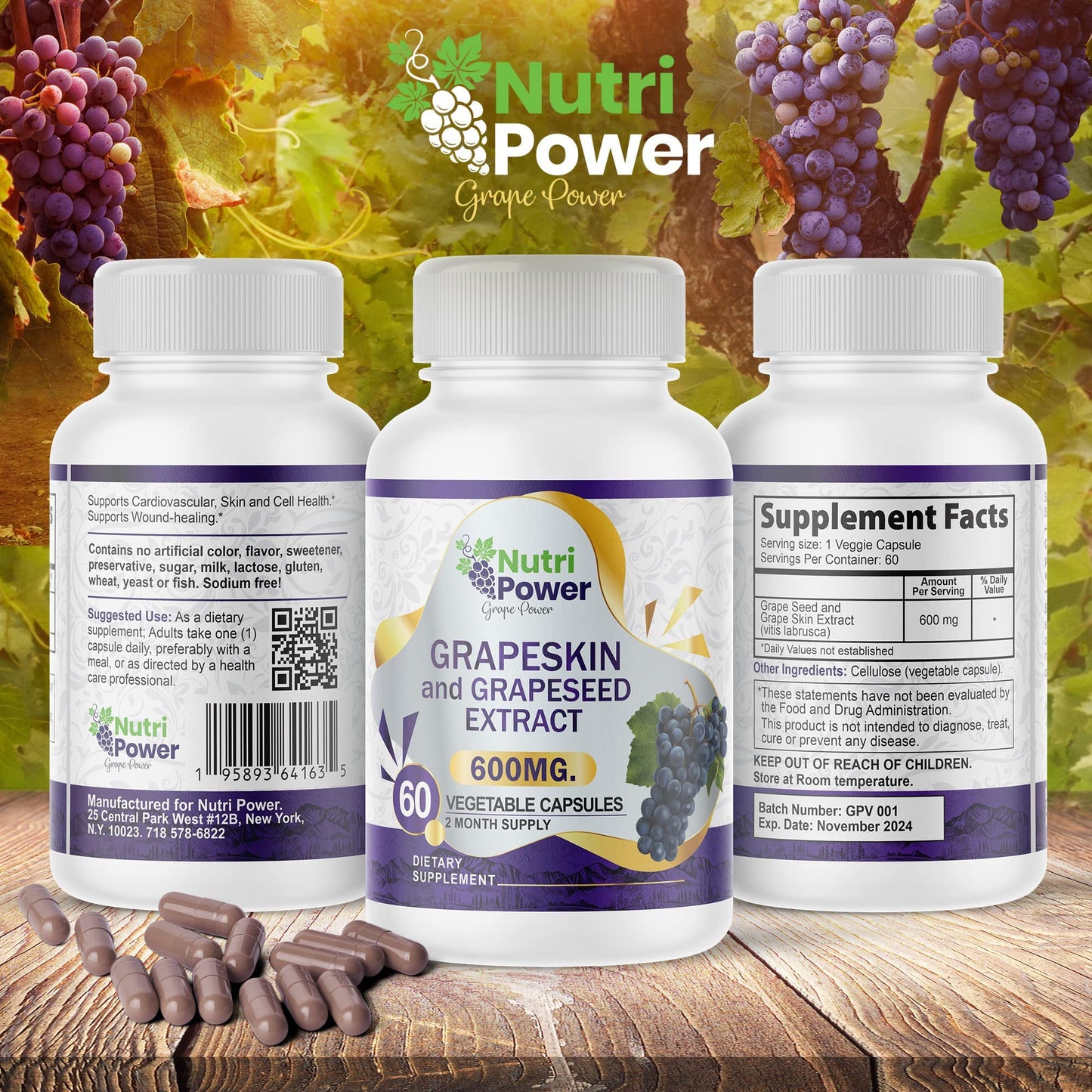 Nutri Power Skin & Grape Seed Extract Supplement 600 mg Capsules, 60 Count