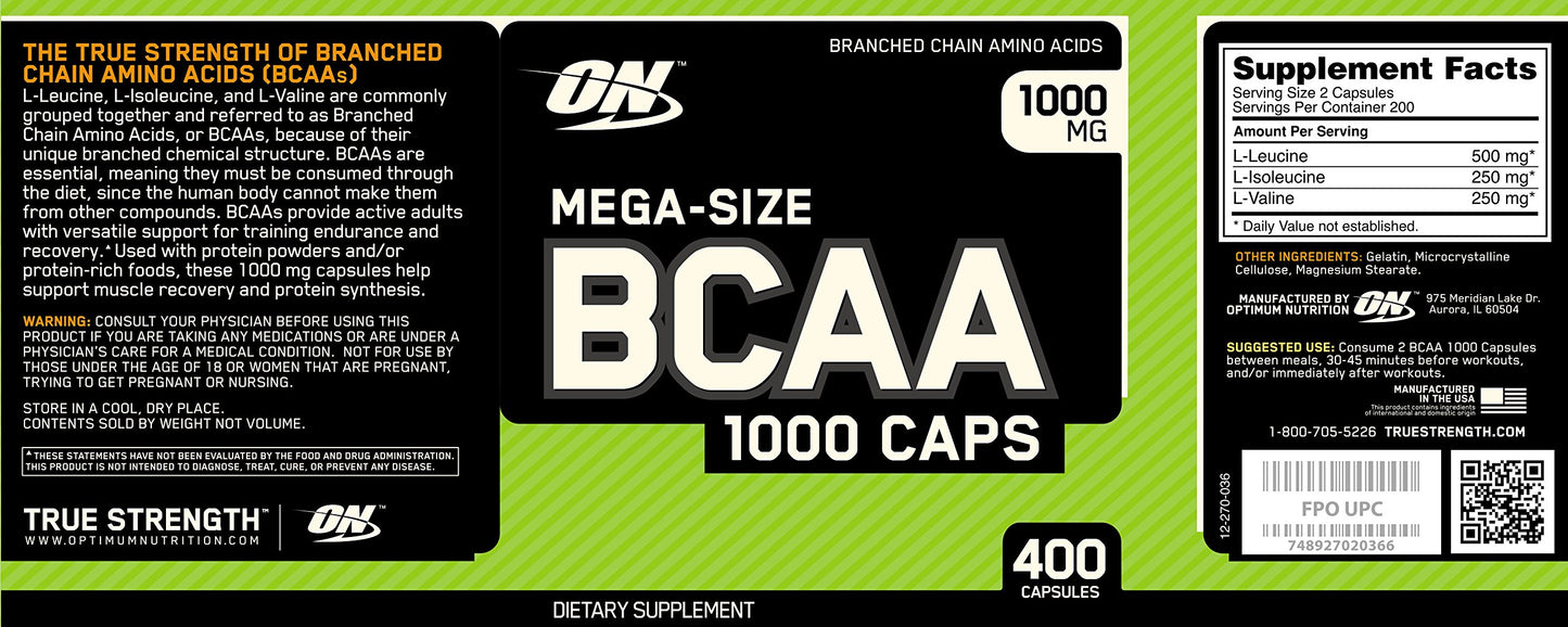 Optimum Nutrition Mega-Size BCAA 1000 Capsules, 400 Count