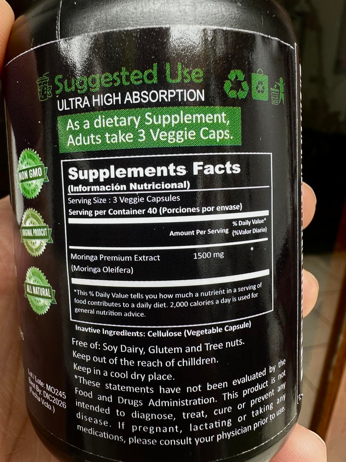 Alkaline Care Shop Moringa Premium Extract 1500mg Vitamin C High Absorption, 100% Natural, Whole Food, Non-GMO Supplement Capsule 1