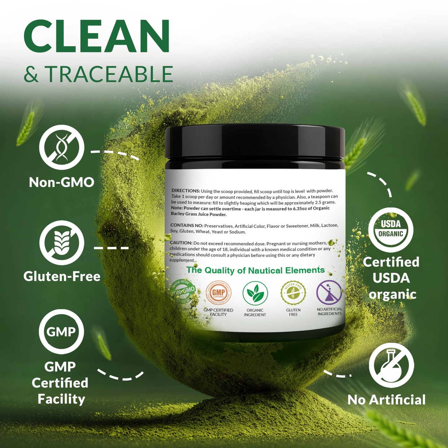 Nautical Elements Barley Grass Juice Powder Organic – Sourced from Utah’s Mineral-Rich Soil, Nutrient-Dense Barley Grass Powder – Raw & Cold-Processed Superfood, High Chlorophyll, 6.35