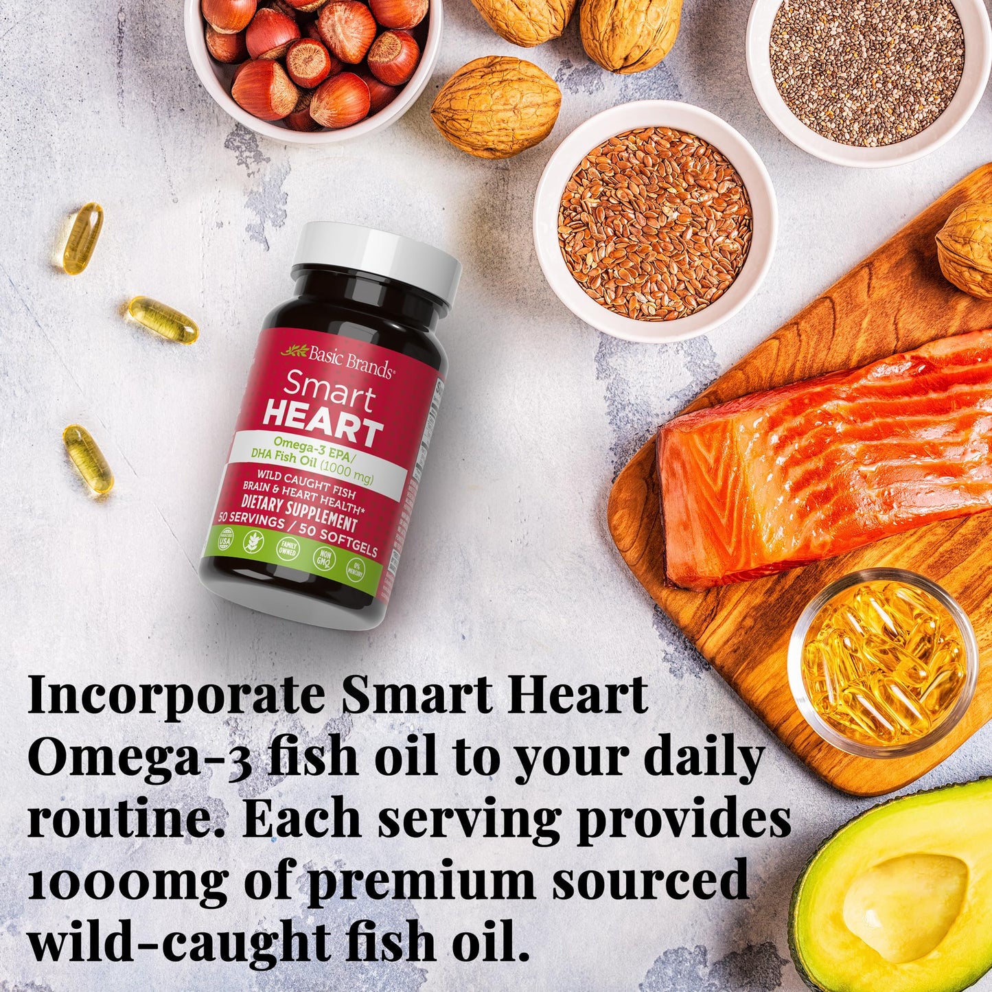 Basic Brands Smart Heart Omega-3 Fish Oil 1000mg - Triple Strength EPA & DHA, Non-GMO, Heart & Cognitive Support Softgels, 100 Count