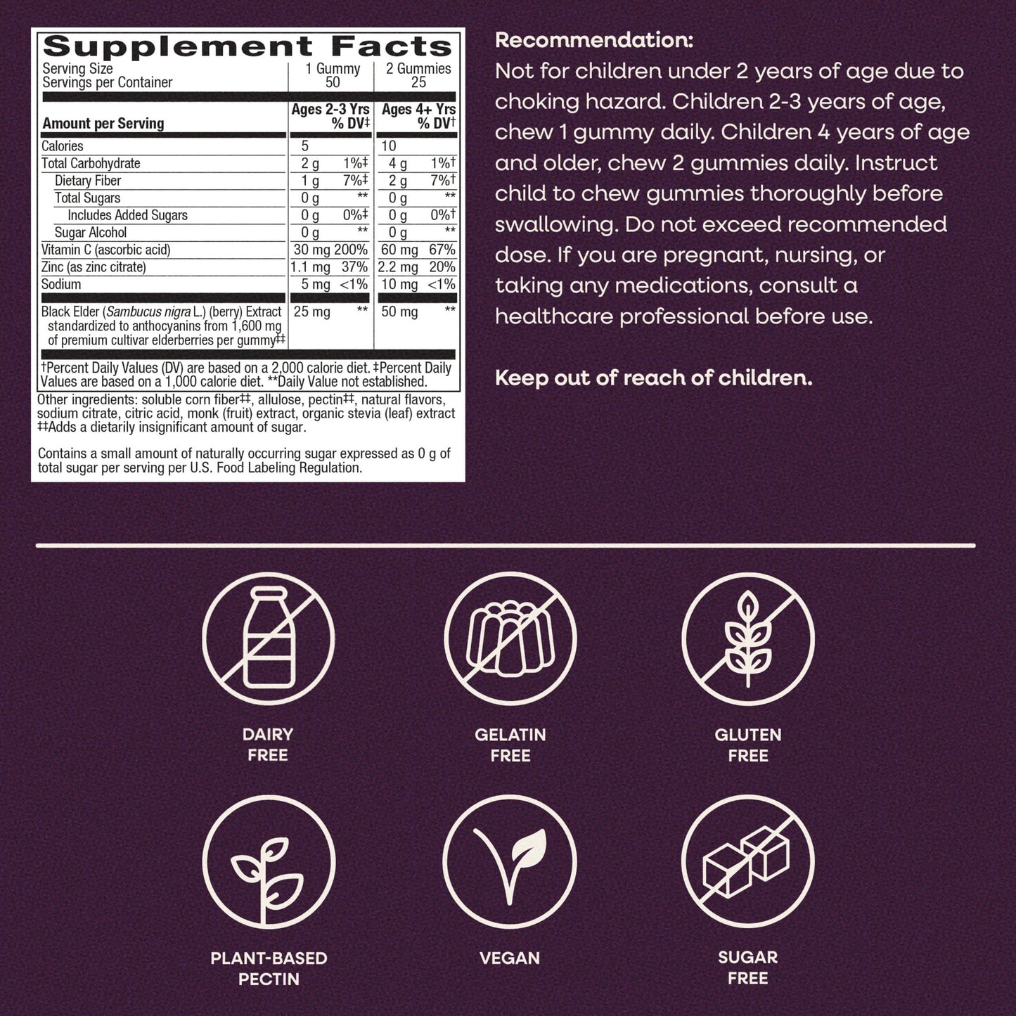 Nature's Way Sambucus Kids Zero Sugar Elderberry Immune Gummies, 50 Count