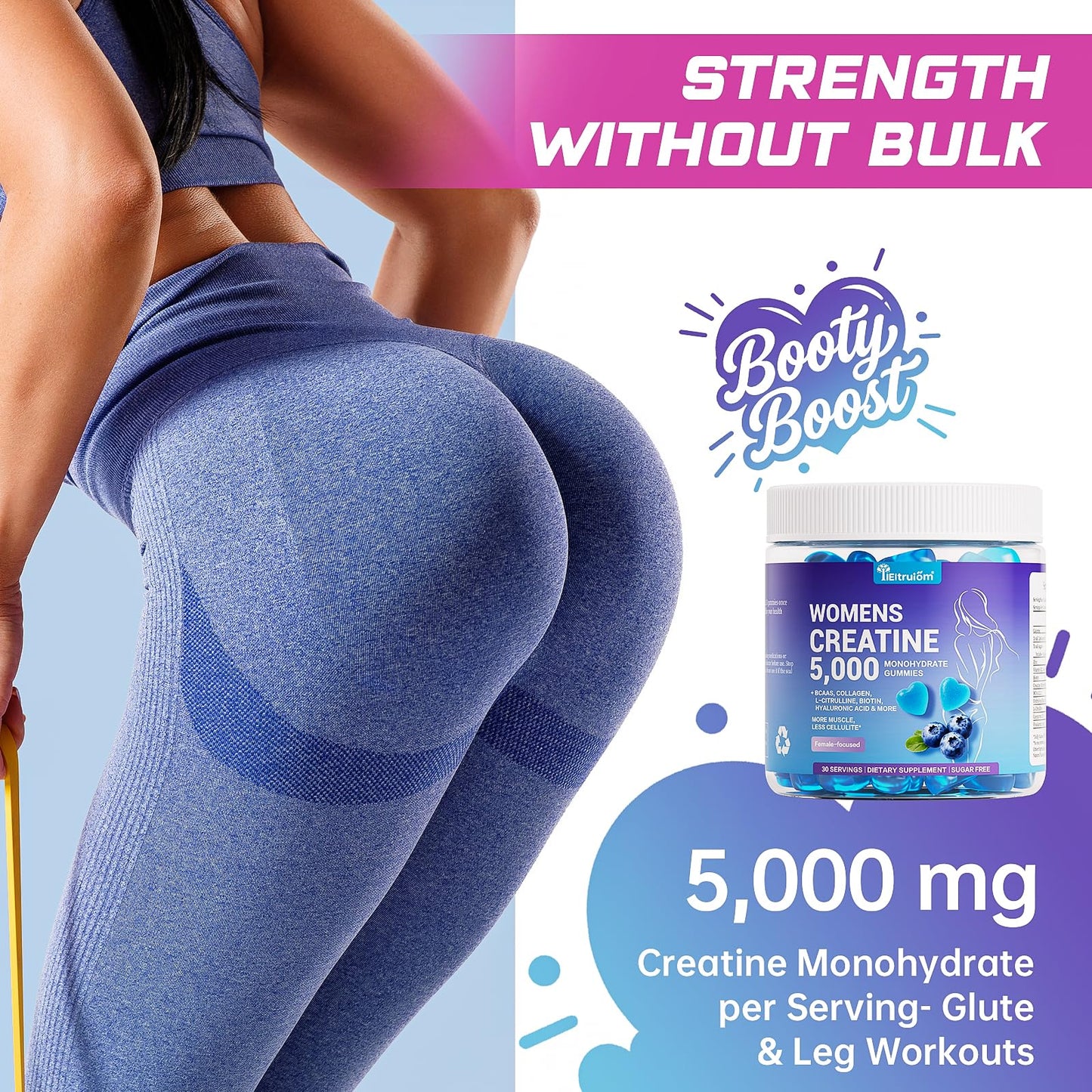 IIEltruiom Creatine Gummies for Women 5000mg, Sugar Free Creatine Monohydrate Chews with Collagen & BCAA, Pre Workout Supplement, 90 Gummies