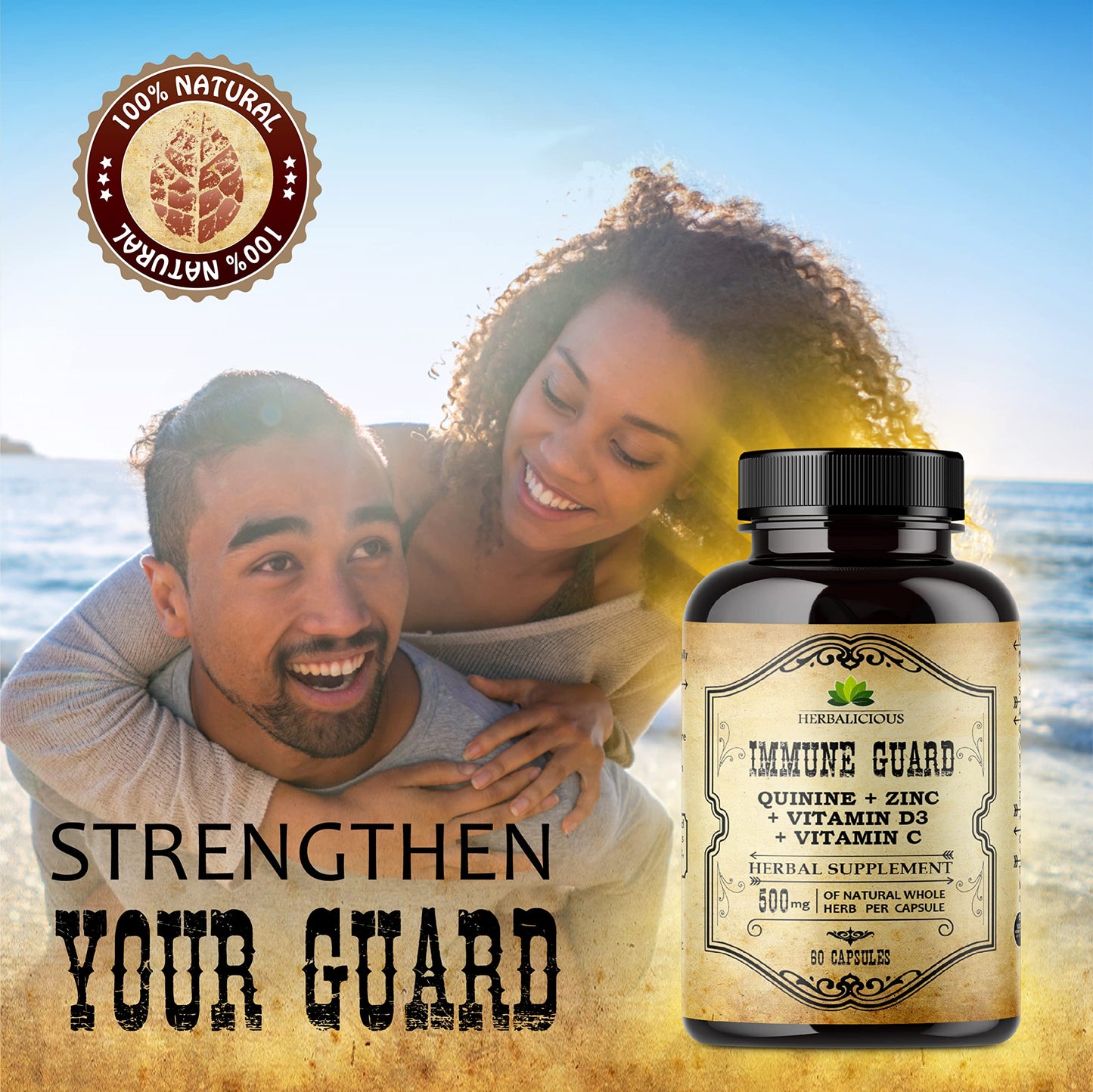 HERBALICIOUS Quinine Immune Guard with Vitamin C, D3, Zinc, 500mg, 60 Capsules