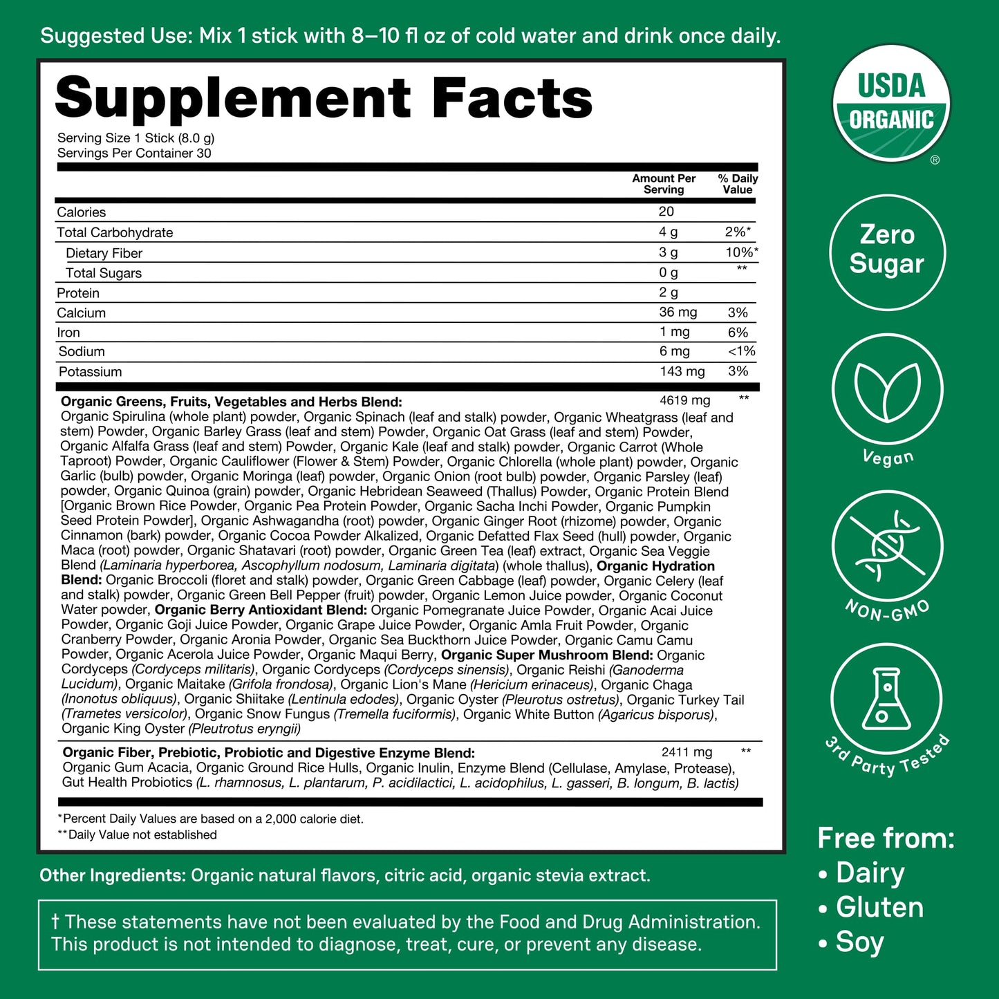 Zena Nutrition Organic Super Greens Powder 30 Count