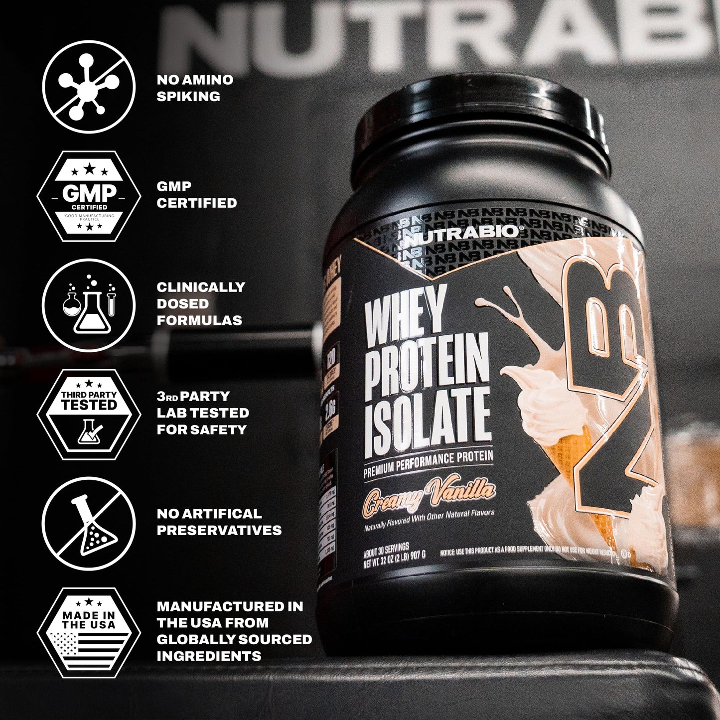 NutraBio 100% Whey Protein Isolate Protein Powder, Creamy Vanilla, 32 Servings, 2 Lbs