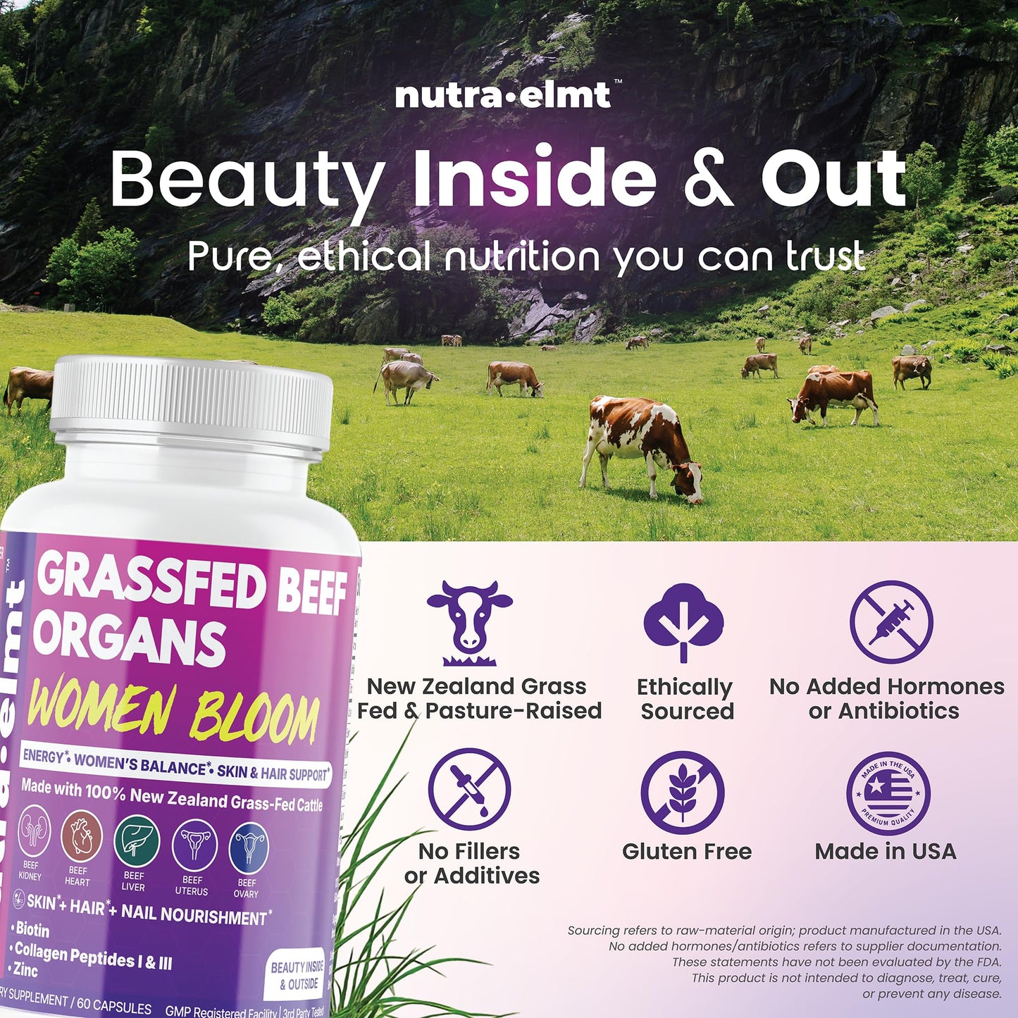 NUTRA ELMT Beef Organ Supplement for Women NZ Grass Fed Biotin Collagen Zinc Capsules, 60 Count