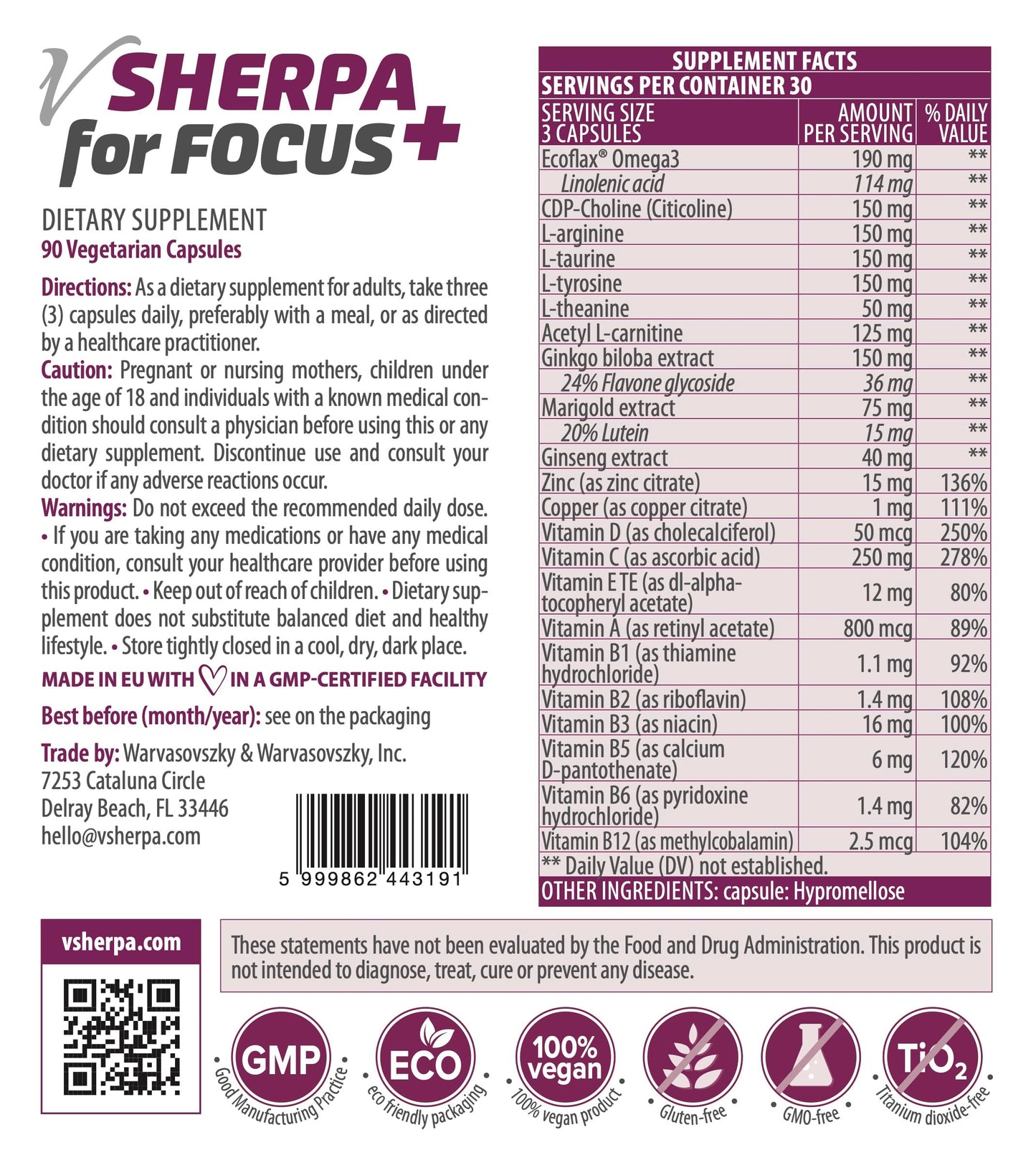 vSherpa Focus+ Premium Nootropic Supplement, Omega-3, Citicoline, L-Tyrosine & Ginkgo for Mental Clarity & Focus, Brain Health & Cognitive Support, Non-GMO, Gluten-Free, GMP, 90 Capsules