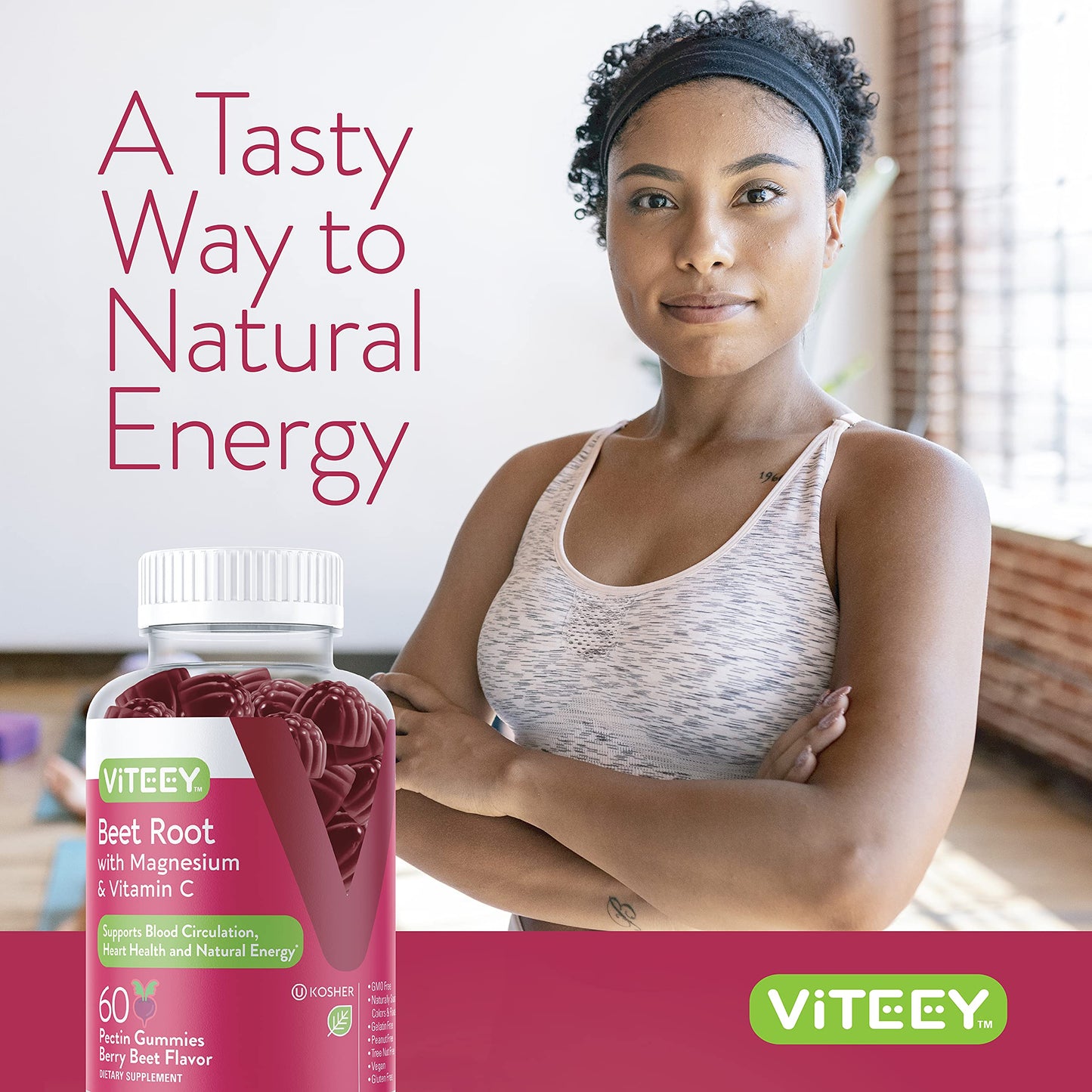 Viteey Beet Root Gummies with Magnesium & Vitamin C, 60 Gummies