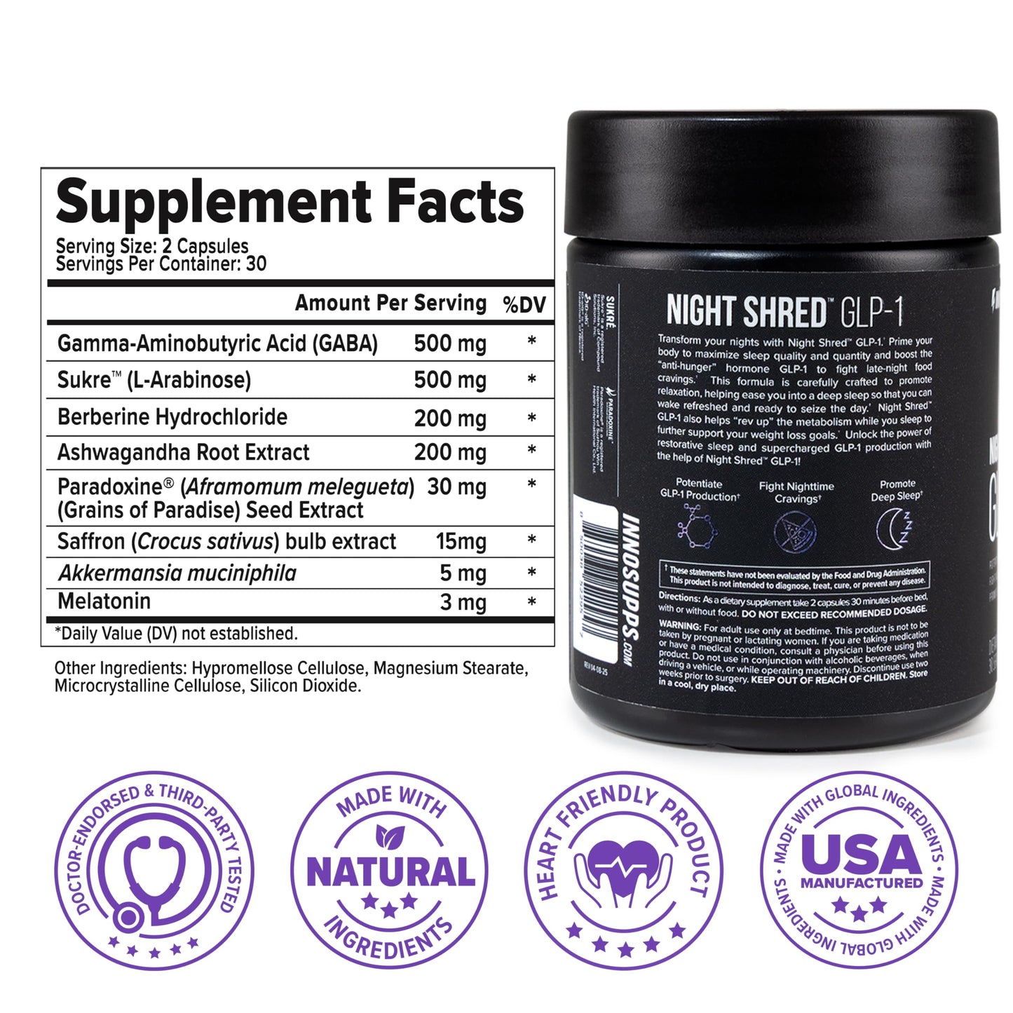 InnoSupps Night Shred GLP-1 Supplement Weight Loss - Night Time Fat Burner - Appetite Suppressant, Sleep & Metabolism Support with Ashwagandha, Akkermansia, Melatonin, GABA 60 Capsules