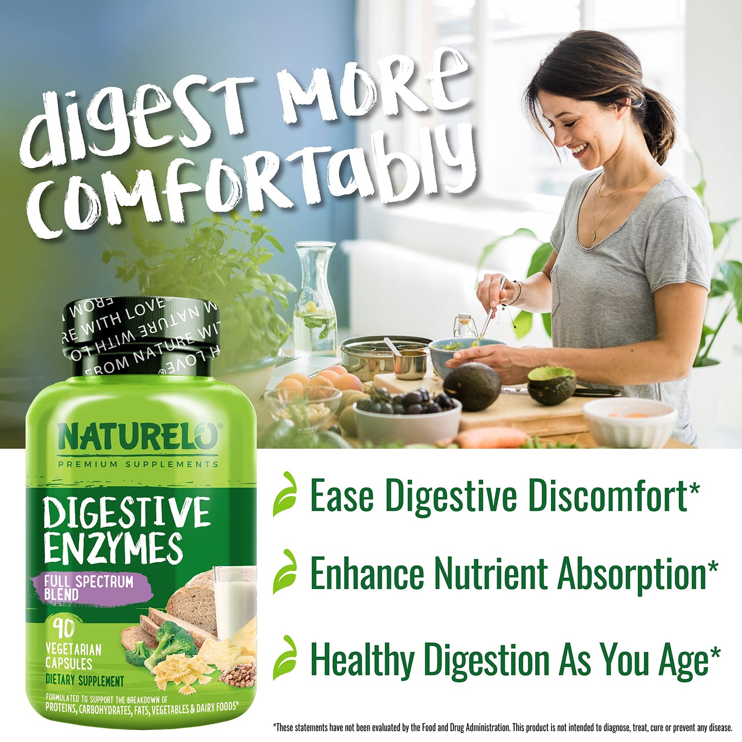 NATURELO Digestive Enzymes Full Spectrum Support with a Broad Blend of 15 Enzymes Plus Ginger Capsules, 180 Count