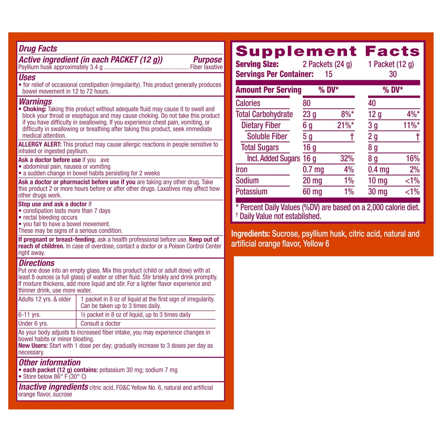 Metamucil On-the-Go Daily Psyllium Husk Powder Supplement, Orange Smooth Flavor, 60 Packs