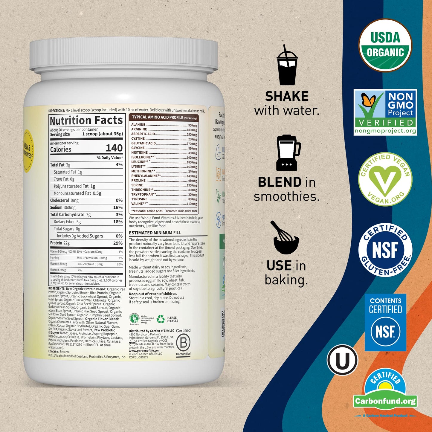 Garden of Life Protein Powder, Vegan Protein Powder with BCAA, Probiotics & Digestive Enzymes, Gluten & Lactose Free, Chocolate, 1.46 lb (Pack of 6)