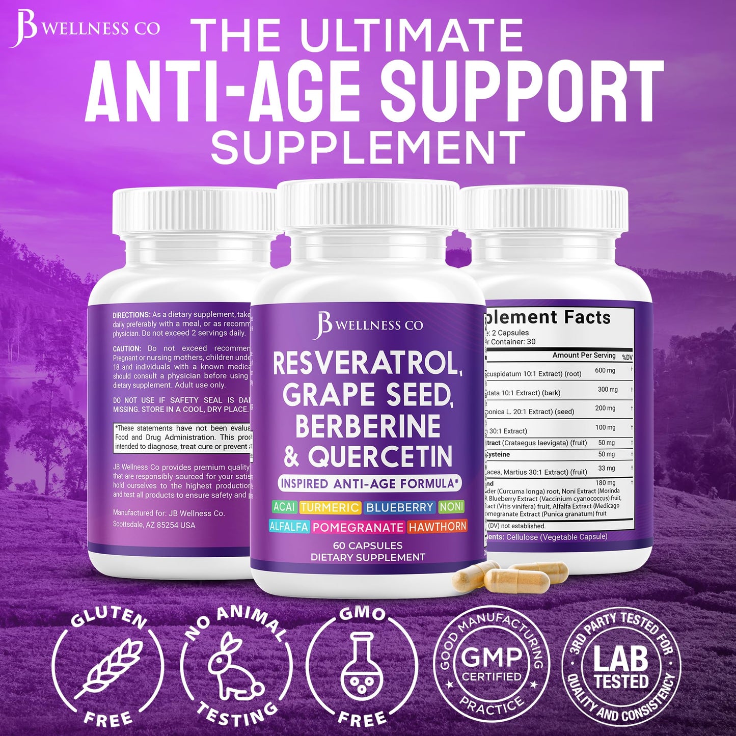 JB Wellness Co Resveratrol Grape Seed Extract, Berberine, Quercetin Polyphenol Supplement with Noni, N-Acetyl Cysteine, Acai Extract 60 Capsules