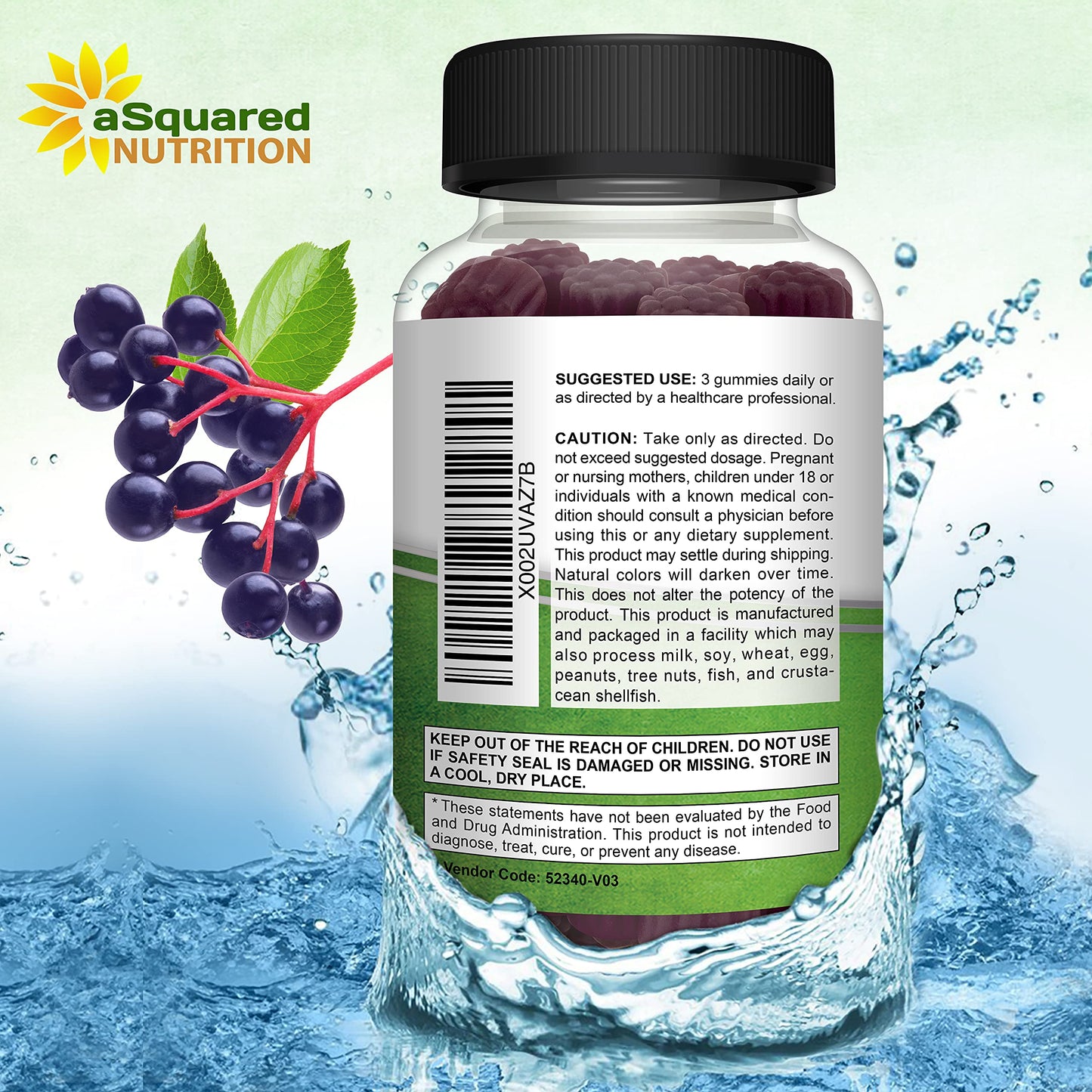 aSquared Nutrition Sambucus Elderberry Gummies with Zinc and Vitamin C Gummy 90 Count
