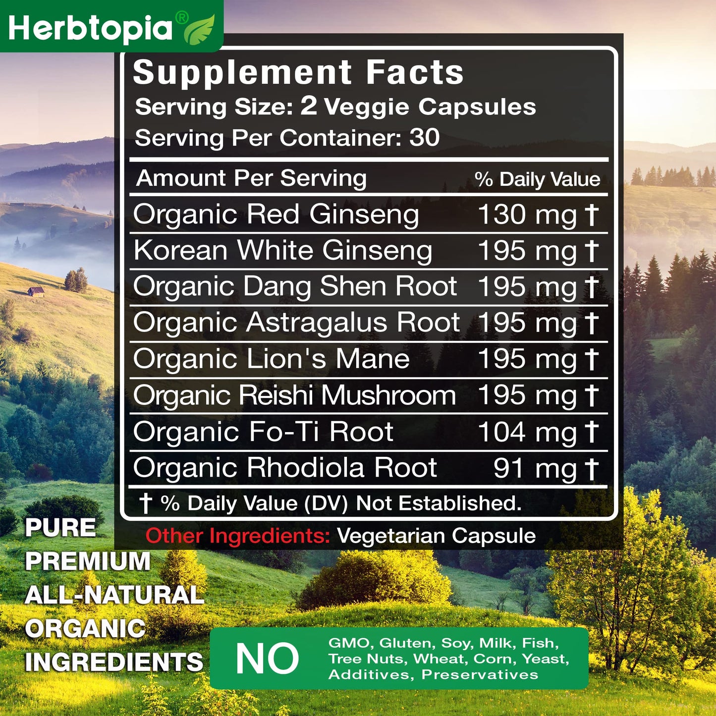 Herbtopia Forever Young Anti Aging Adaptogen Supplement with Organic Red Ginseng, Astragalus, Reishi, Lion's Mane & Codonopsis — Supports Immune Function, Healthy Aging & Longevity, 60 Vegan Capsules