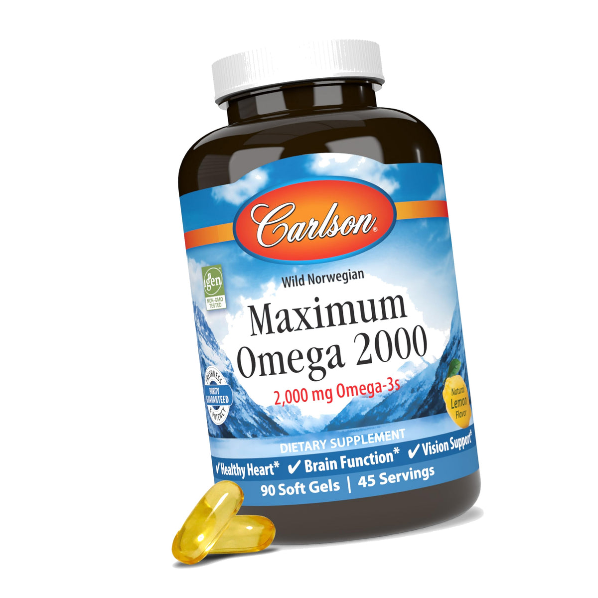 Carlson Maximum Omega 2000, 2000 mg, Wild-Caught, Lemon, 90 Softgels