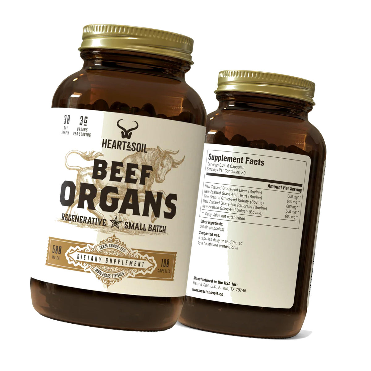 HEART & SOIL Beef Organs Supplement, 180 Capsules