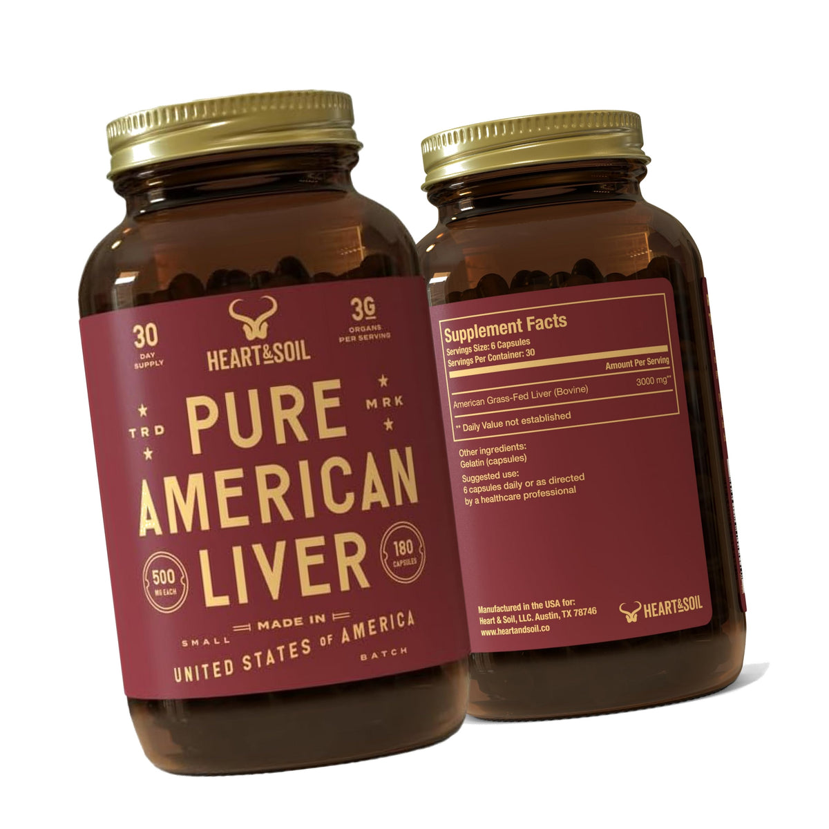 HEART & SOIL Pure American Beef Liver, 180 Capsules