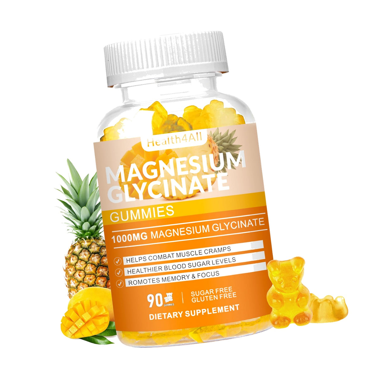 Magnesium Glycinate Gummies 1000mg, High Absorption Sugar Free Magnesium Potassium Supplement for Relaxation, Stress Relief, and Sleep Support for Adults & Kids - 90 Mango Pineapple Gummies