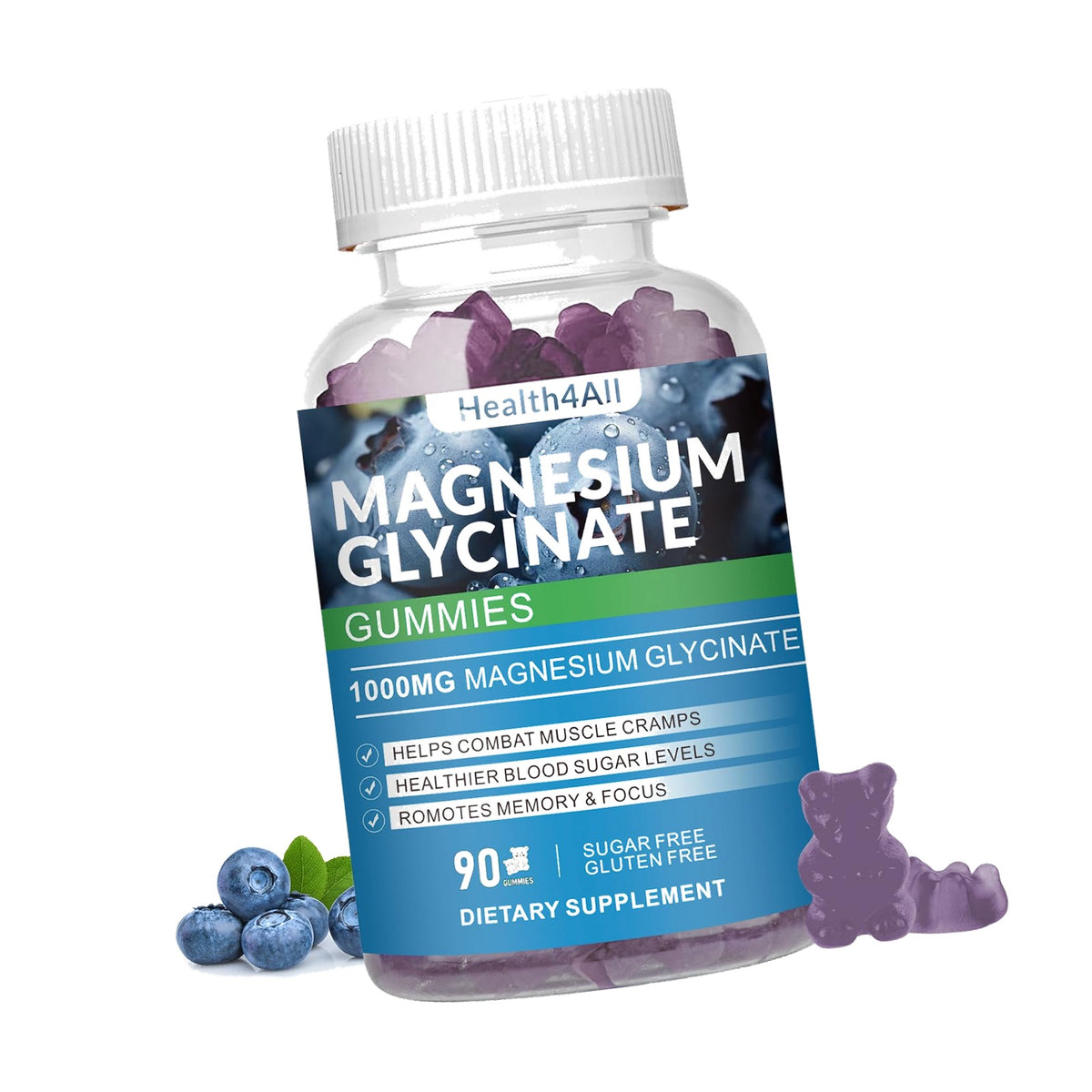 Magnesium Glycinate Gummies 1000mg, High Absorption Sugar Free Magnesium Potassium Supplement for Relaxation, Stress Relief, and Sleep Support for Adults & Kids (Blueberry)