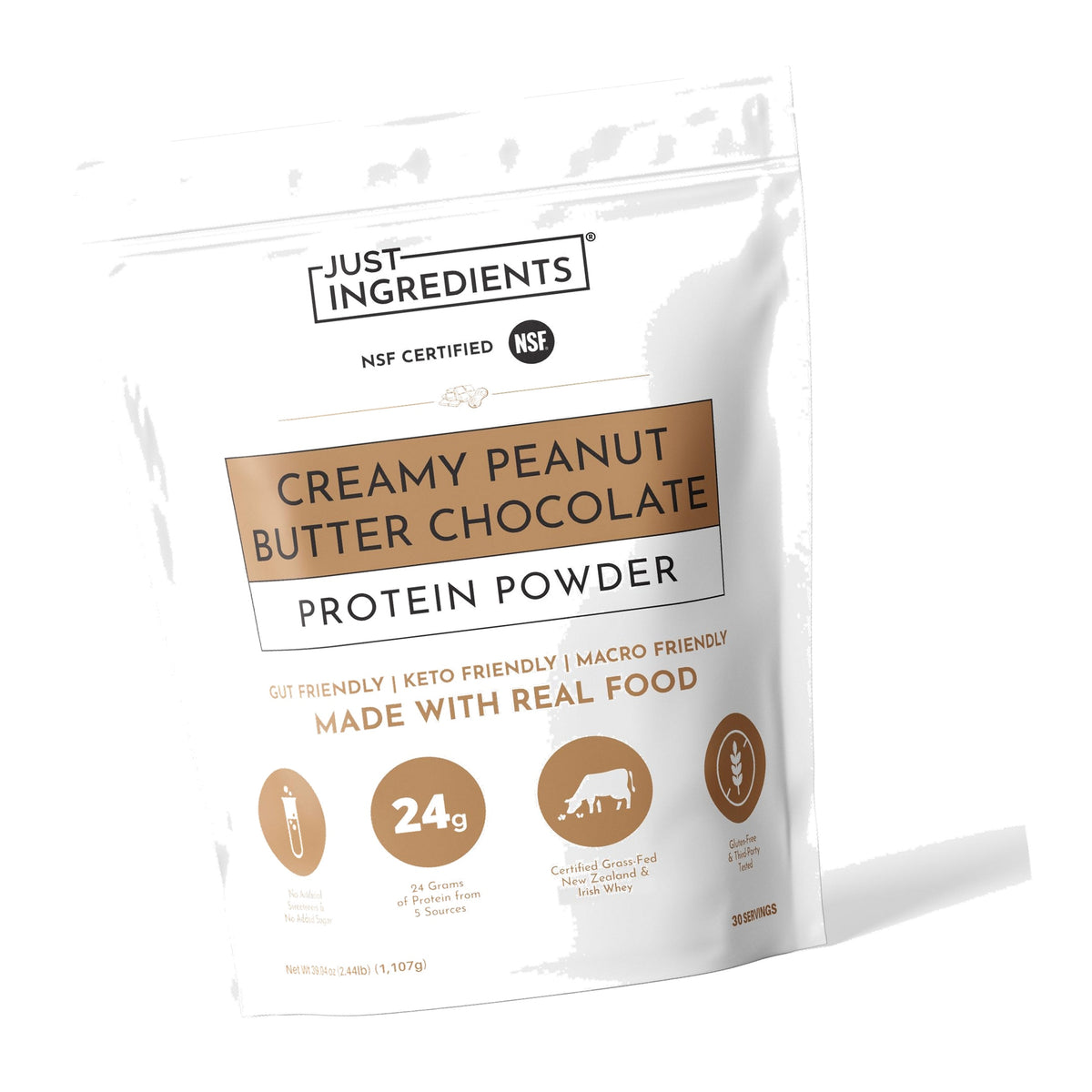 JUST INGREDIENTS PB Chocolate Protein Powder - Grass-Fed Whey - 30 Servings