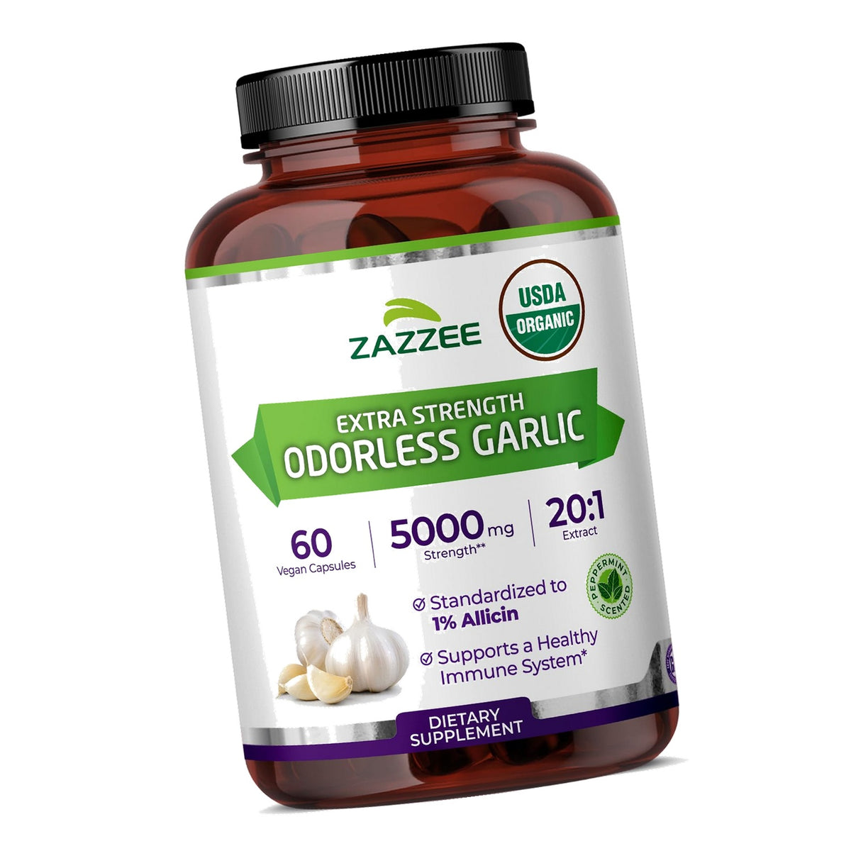Zazzee USDA Organic Odorless Garlic 20:1 Extract, 1% Allicin, 60 Capsules