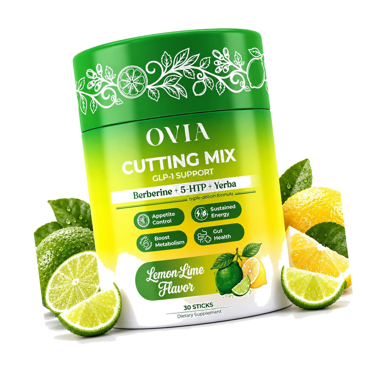 OVIA Cutting Mix Craving Control & Weight Management Powder, Lemon Lime, 30 Sticks