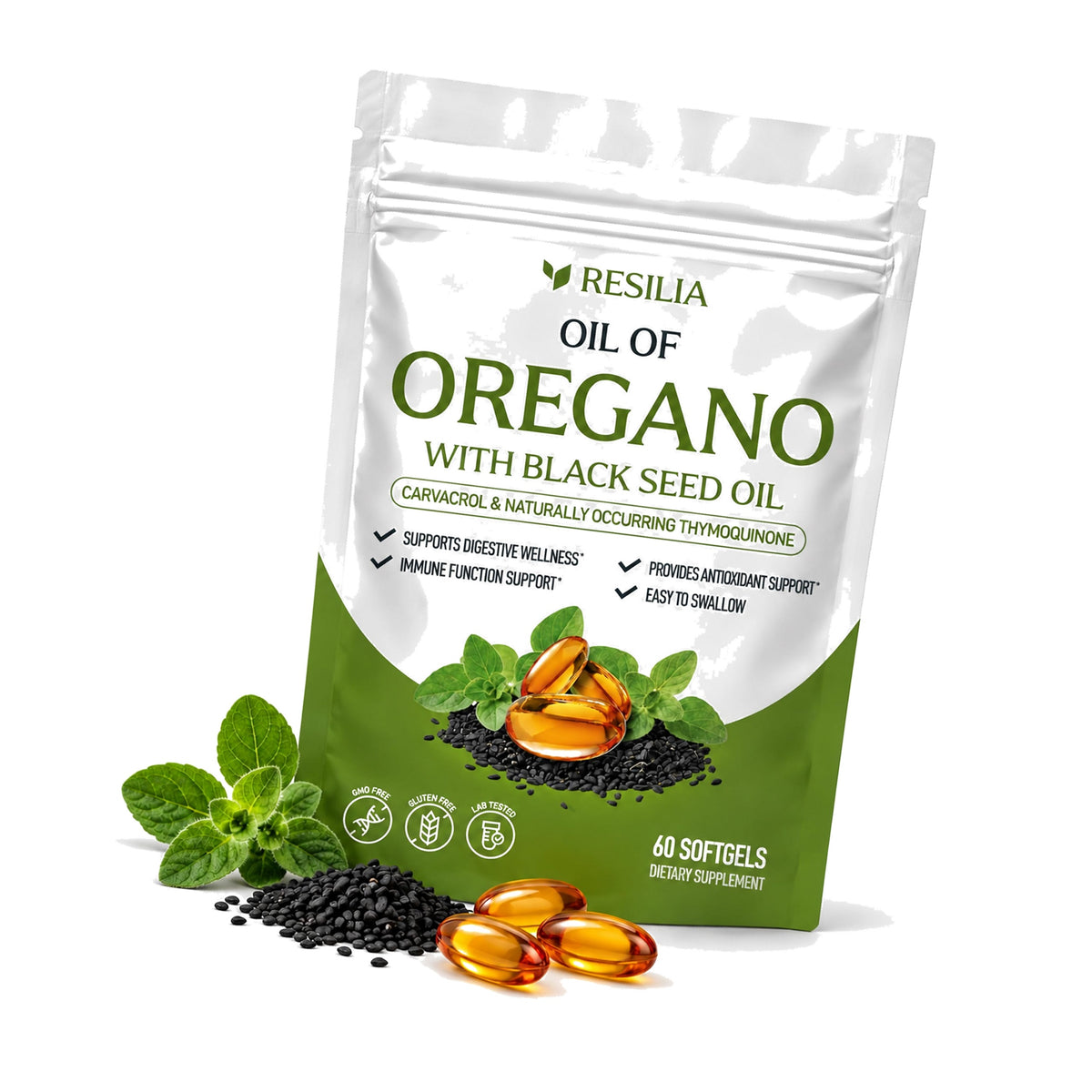 Resilia Softgels with Black Seed Oil – Premium Grade Oregano Oil Capsules for Immune & Digestive Support – Gluten-Free Softgels – Natural Herbal Wellness Supplement (60 Count)