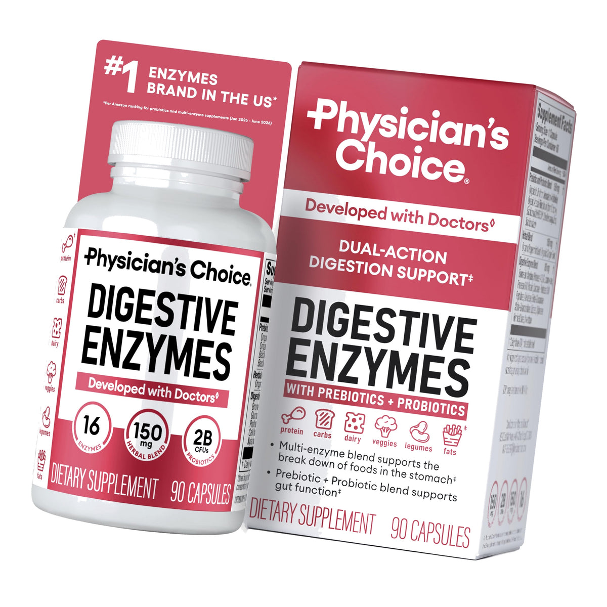 Physician's CHOICE Digestive Enzymes for Bloating & Digestion - Fast-Acting 16 Enzyme Formula with Organic Prebiotics & Probiotics for Gut & Digestive Health - Meal Time Discomfort Relief - 90 CT