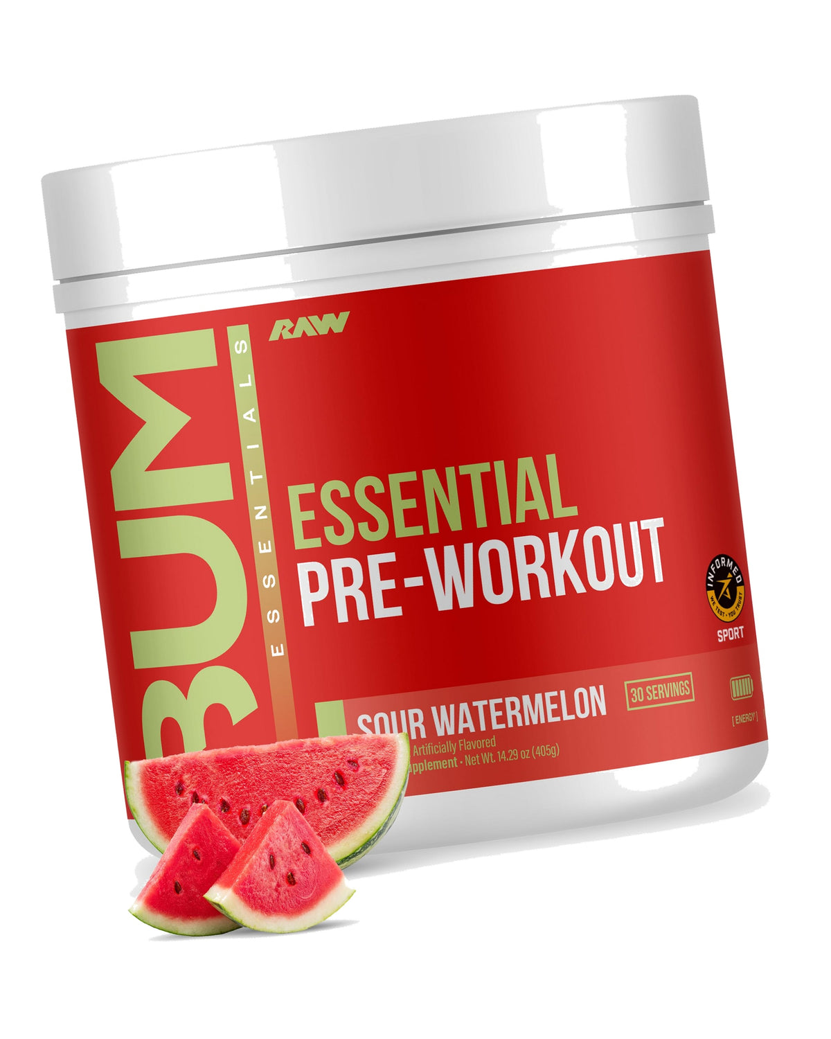 RAW Essential Pre-Workout Powder (Sour Watermelon) - Chris Bumstead Sports Nutrition Supplement for Men & Women - Preworkout Energy Powder with Caffeine, L-Citrulline, L-Tyrosine, & Beta Alanine Blend