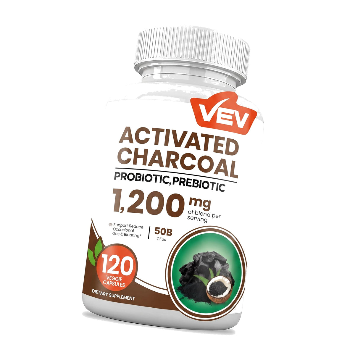 VEV Activated Charcoal Capsules 1200mg, 50B Probiotics, 120 Vegan Capsules