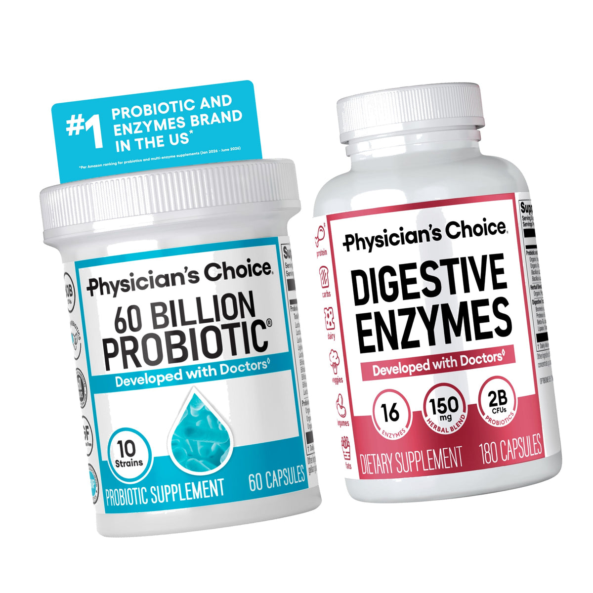 Physician's CHOICE Advanced Gut Health Bundle: 60 Billion Probiotic 60ct + Digestive Enzymes 180ct w/Lactase+ Digestive, Gut, Immune Health Supports Occasional Constipation, Diarrhea, Gas, Bloating