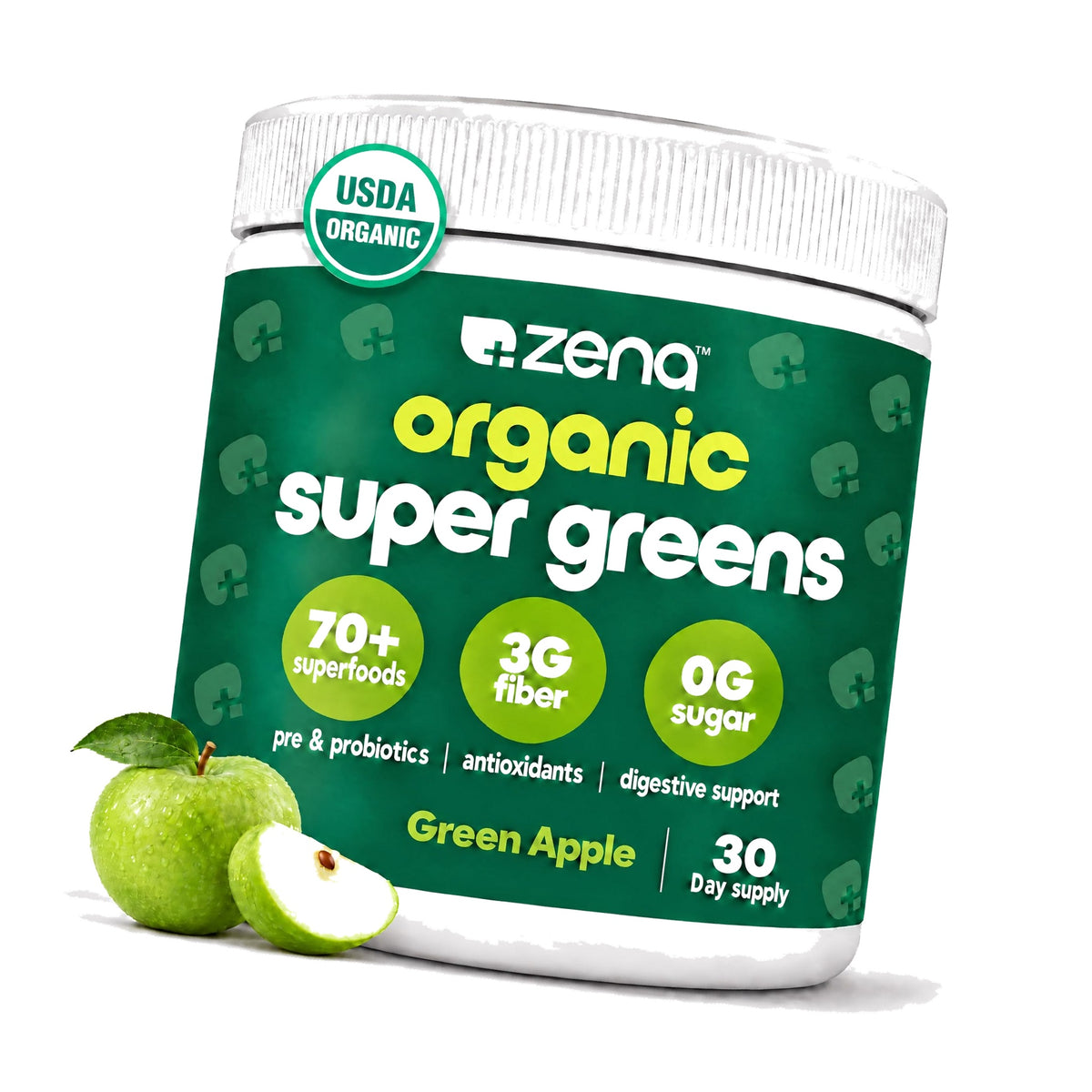 Zena Nutrition Organic Super Greens Powder, Green Apple, 30 Servings