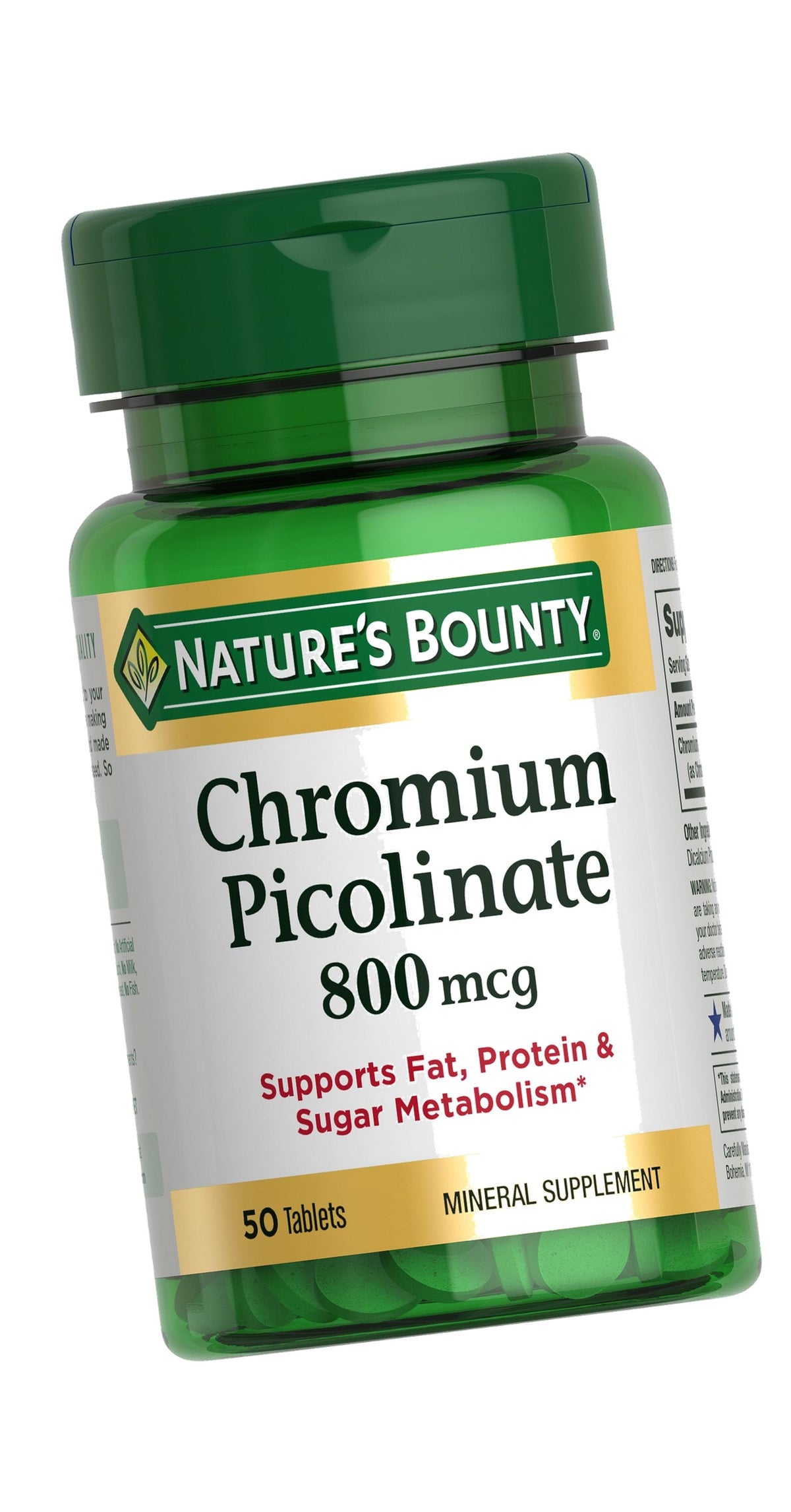 Nature's Bounty Chromium Picolinate, Supports Fat, Protein & Sugar Metabolism, Mineral Supplement, 800 mcg, 50 Tablets
