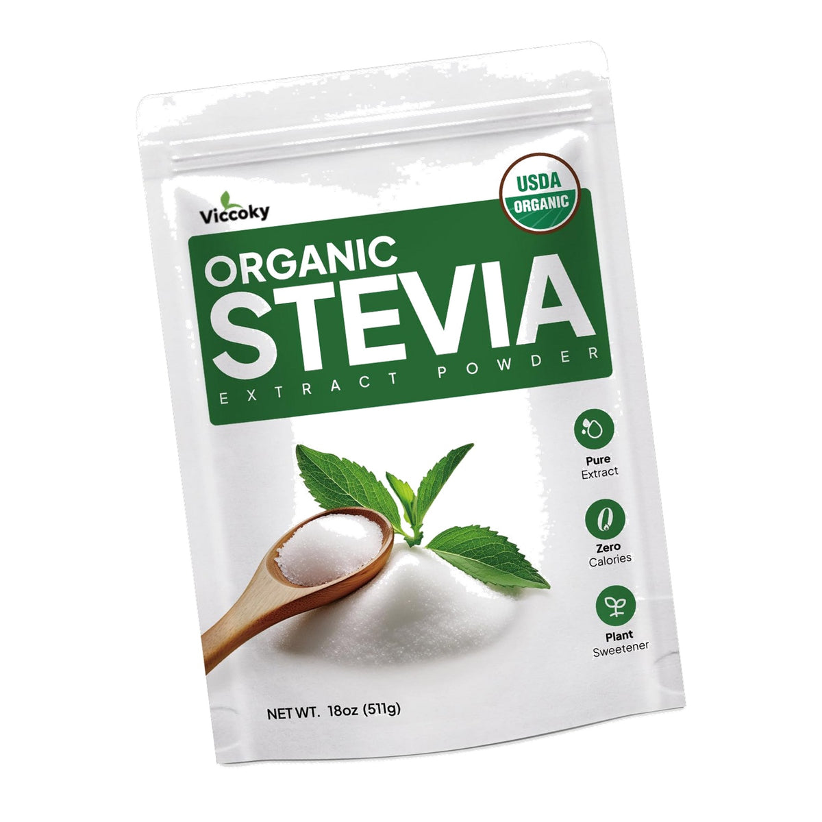 Viccoky Organic Stevia Powder, Stevia Extract, Sugar-Free & 0 Calories, Sugar Substitute, Natural Sweetener, 18oz (511g)