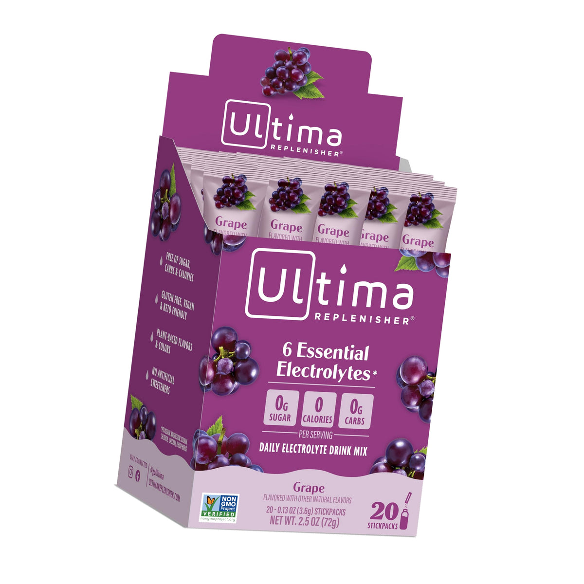 Ultima Replenisher Hydrating Electrolyte Powder, Grape, 20 Count Box, no Sugar, no Carbs, no Calories, Keto, Gluten-Free, Non-GMO, Vegan