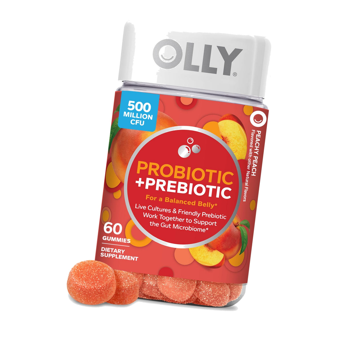 OLLY Probiotic + Prebiotic Gummy, 500 million CFUs, Peachy Peach - 60 Count